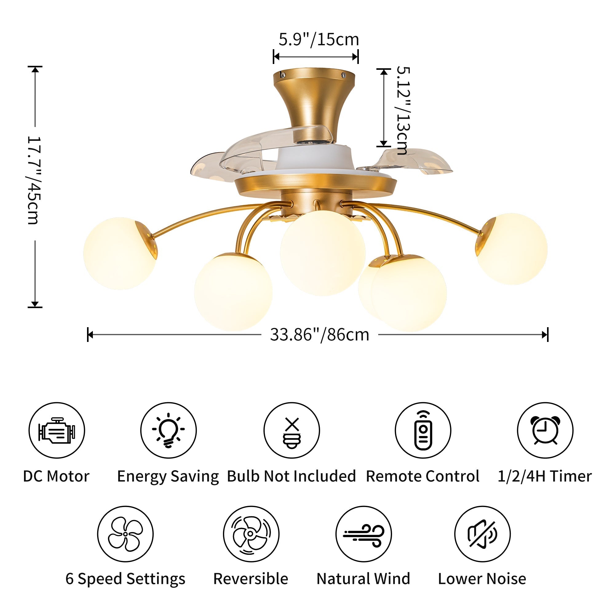 Modern Gold Retractable Ceiling Fan with Lights, 8-Light Flush Mount Fan with Remote - BeyPan