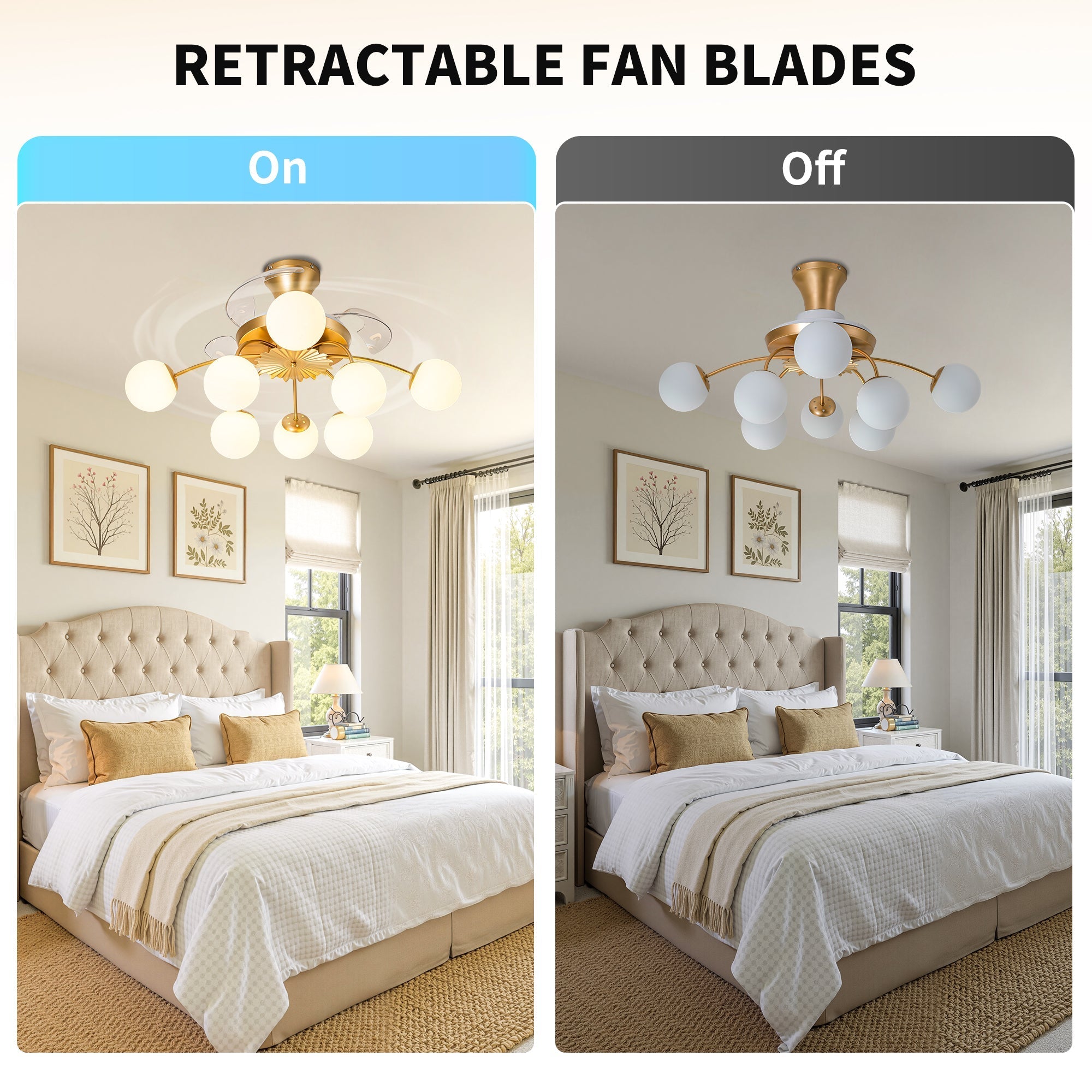 Modern Gold Retractable Ceiling Fan with Lights, 8-Light Flush Mount Fan with Remote - BeyPan