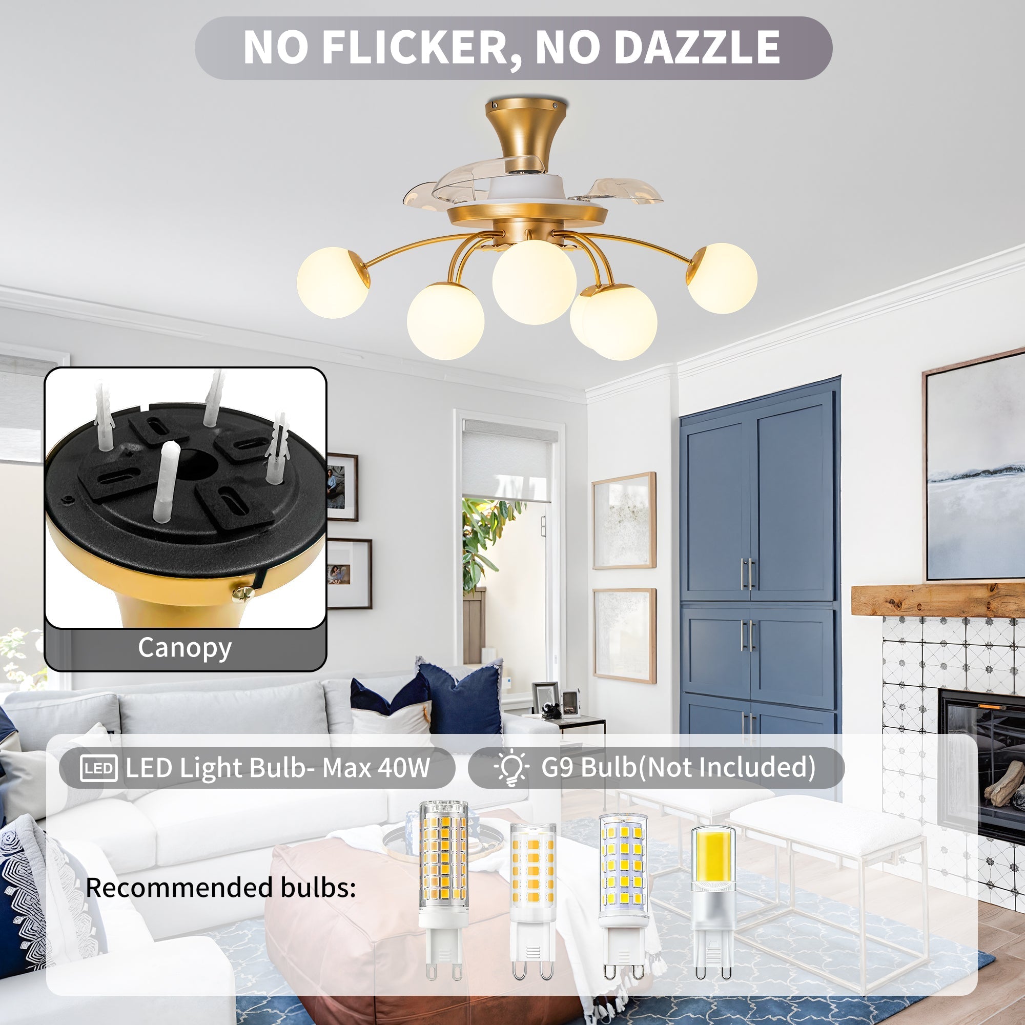 Modern Gold Retractable Ceiling Fan with Lights, 8-Light Flush Mount Fan with Remote - BeyPan