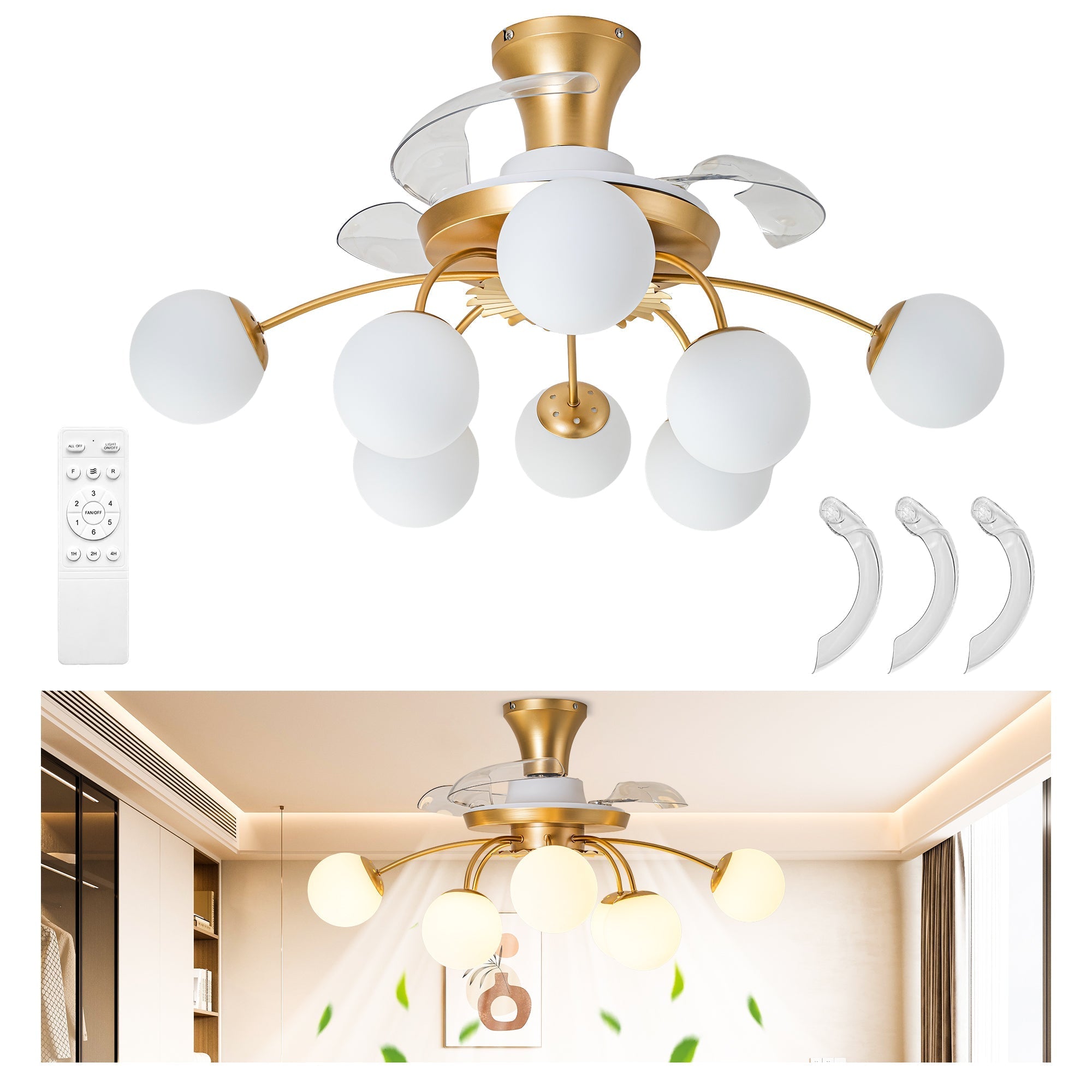 Modern Gold Retractable Ceiling Fan with Lights, 8-Light Flush Mount Fan with Remote - BeyPan