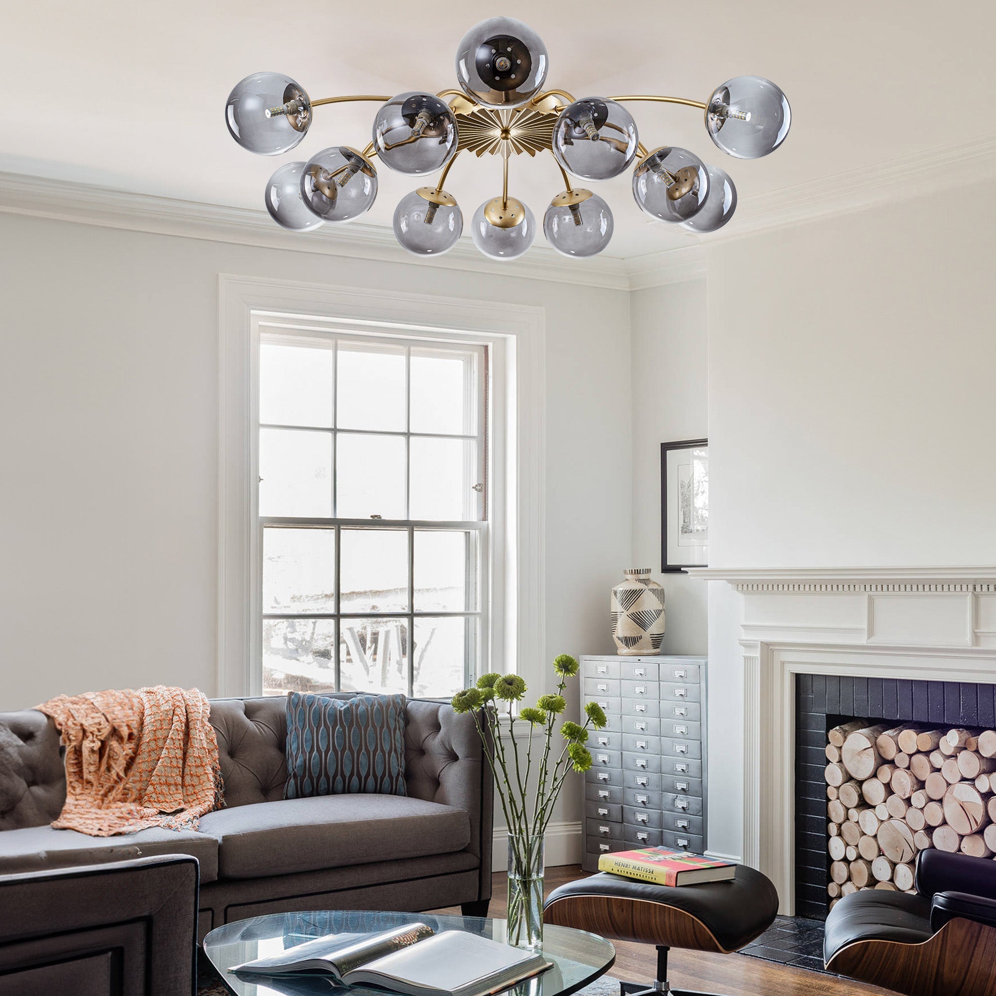Modern Gray Bubble Globe Semi-Flush Mount Ceiling Light Brass Finish - BeyPan