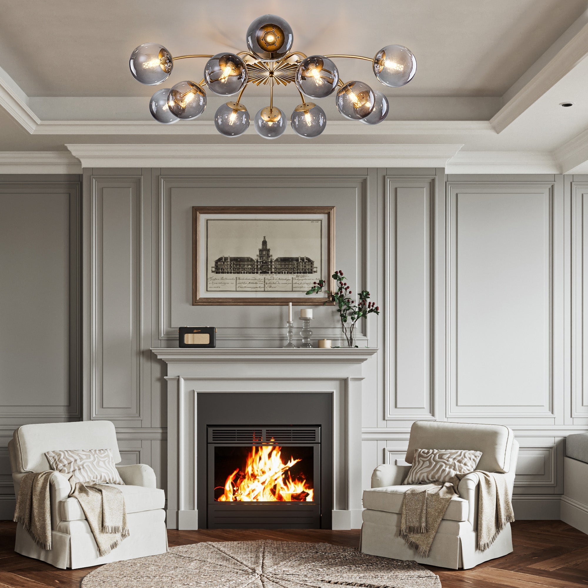 Modern Gray Bubble Globe Semi-Flush Mount Ceiling Light Brass Finish - BeyPan