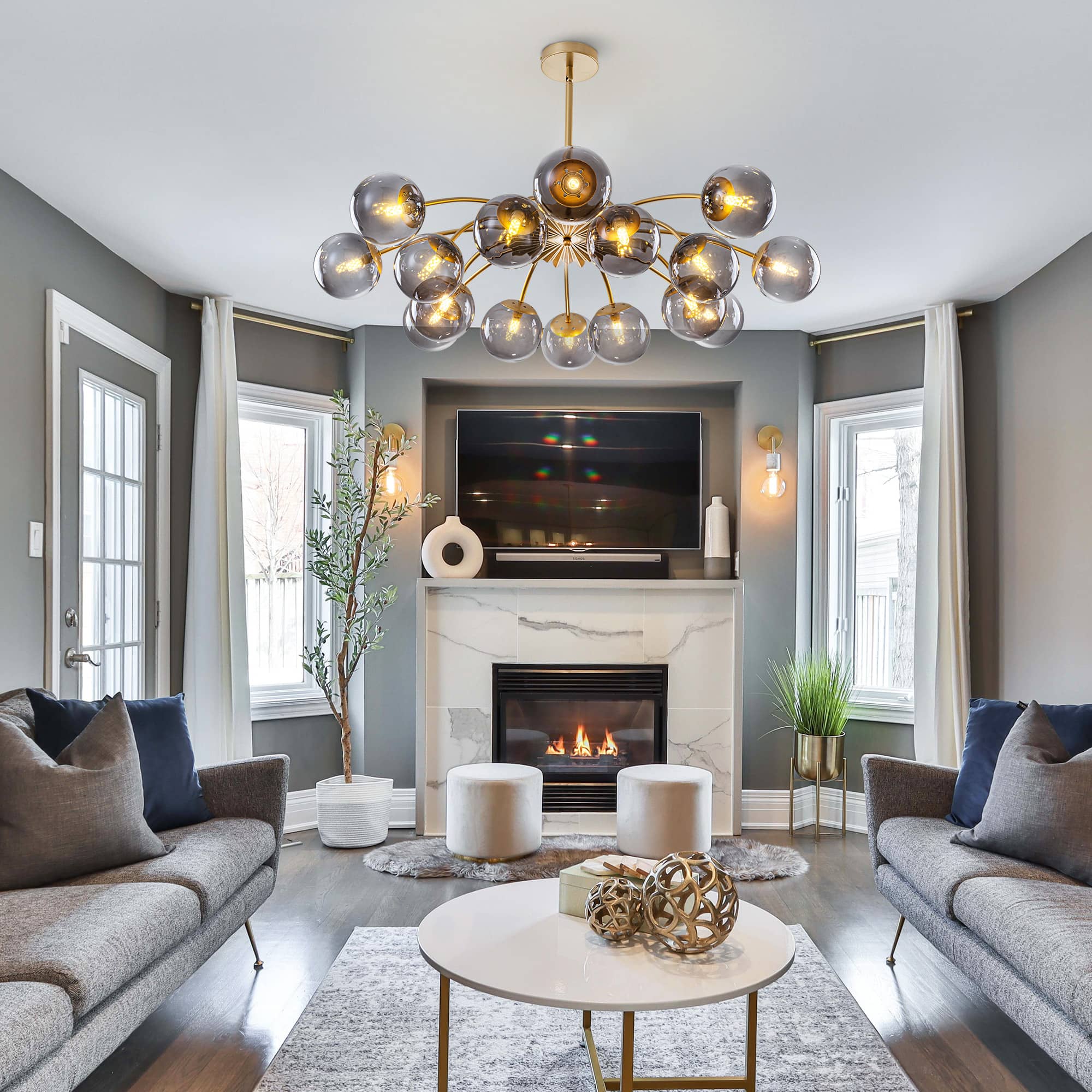 Modern Smoky Gray Glass Globe Chandelier with Brass Finish - BeyPan