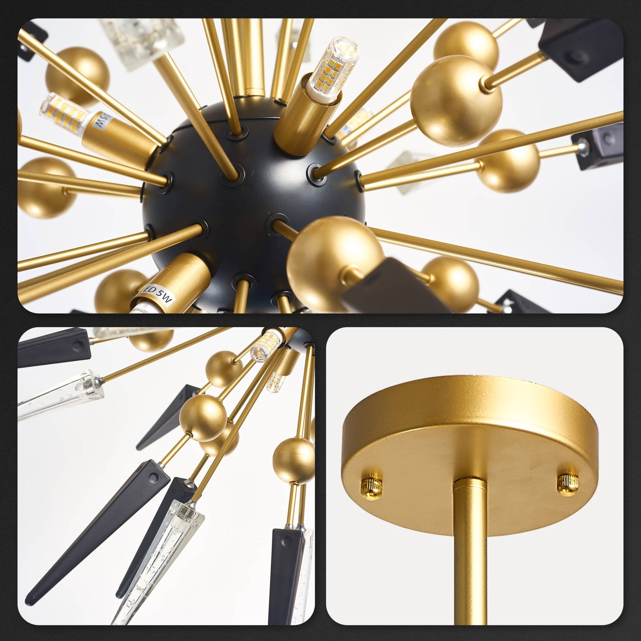 Modern Sputnik Chandelier Black and Clear Spike Glass With Brass Frame - BeyPan