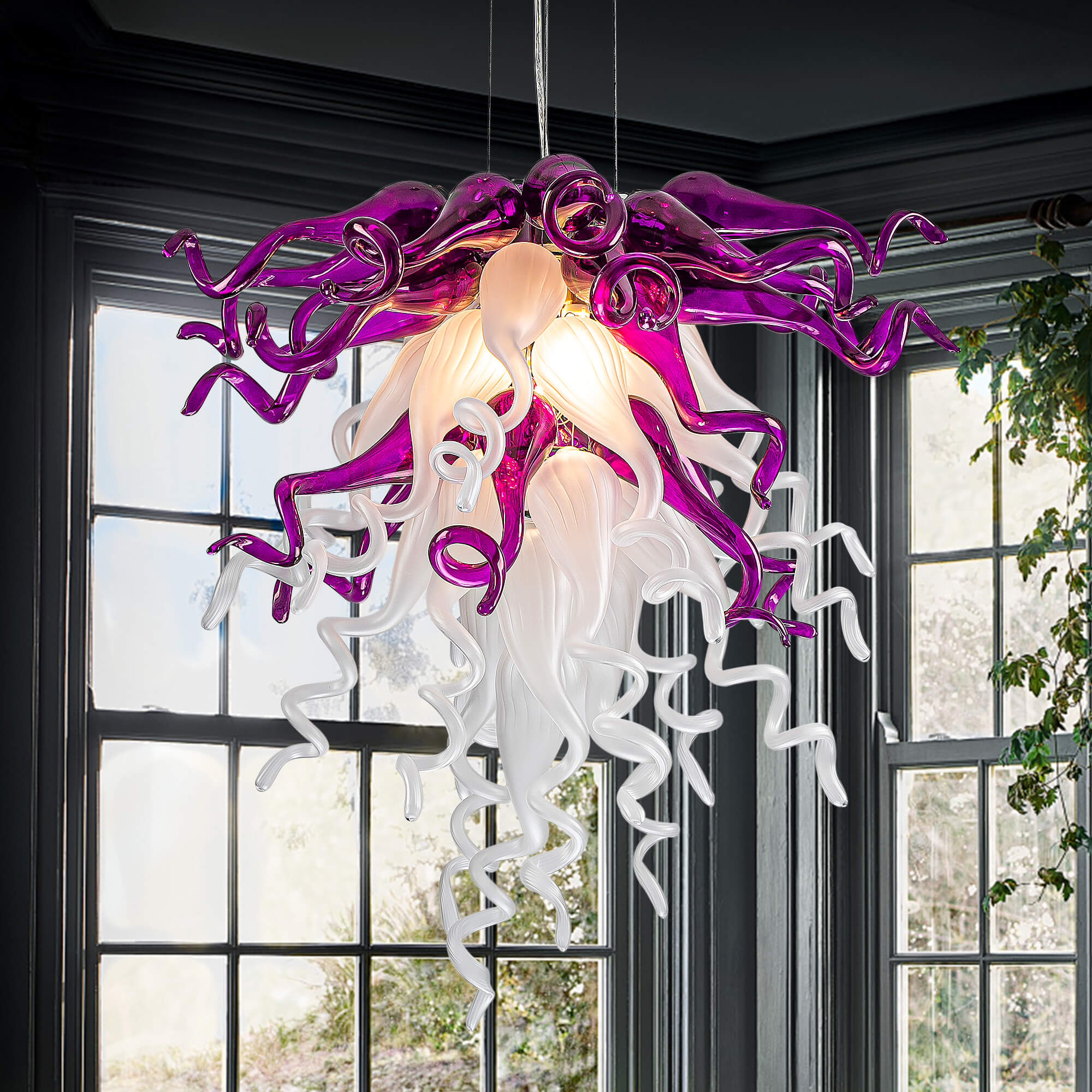 Modern Style Blown Glass Chandelier Amethyst & Pearl - BeyPan Hauptbild