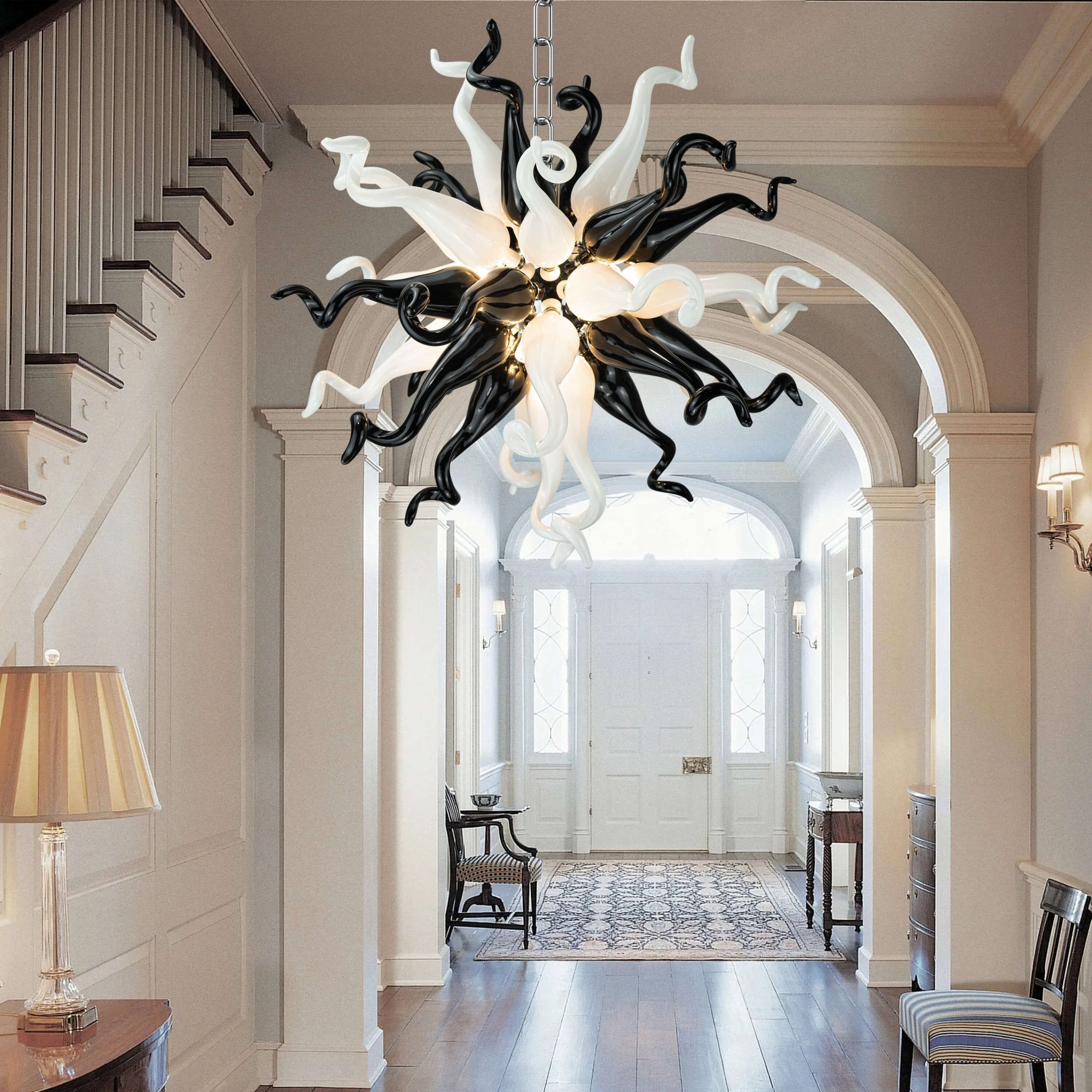 Modern Style Blown Glass Chandelier Black & White Burst - BeyPan