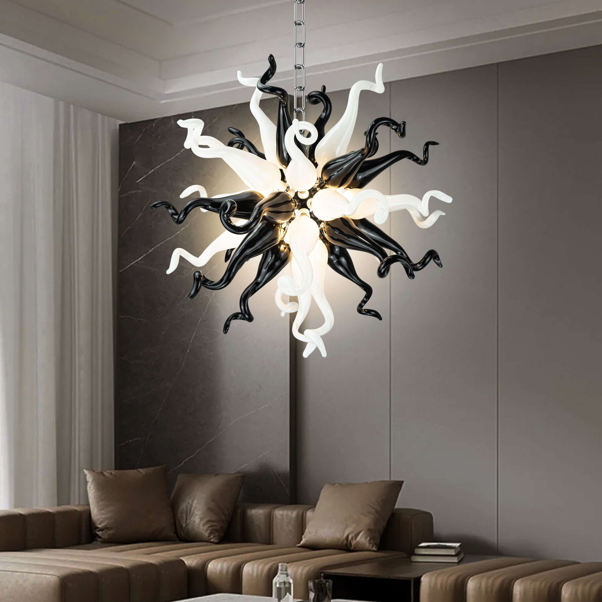 Modern Style Blown Glass Chandelier Black & White Burst - BeyPan