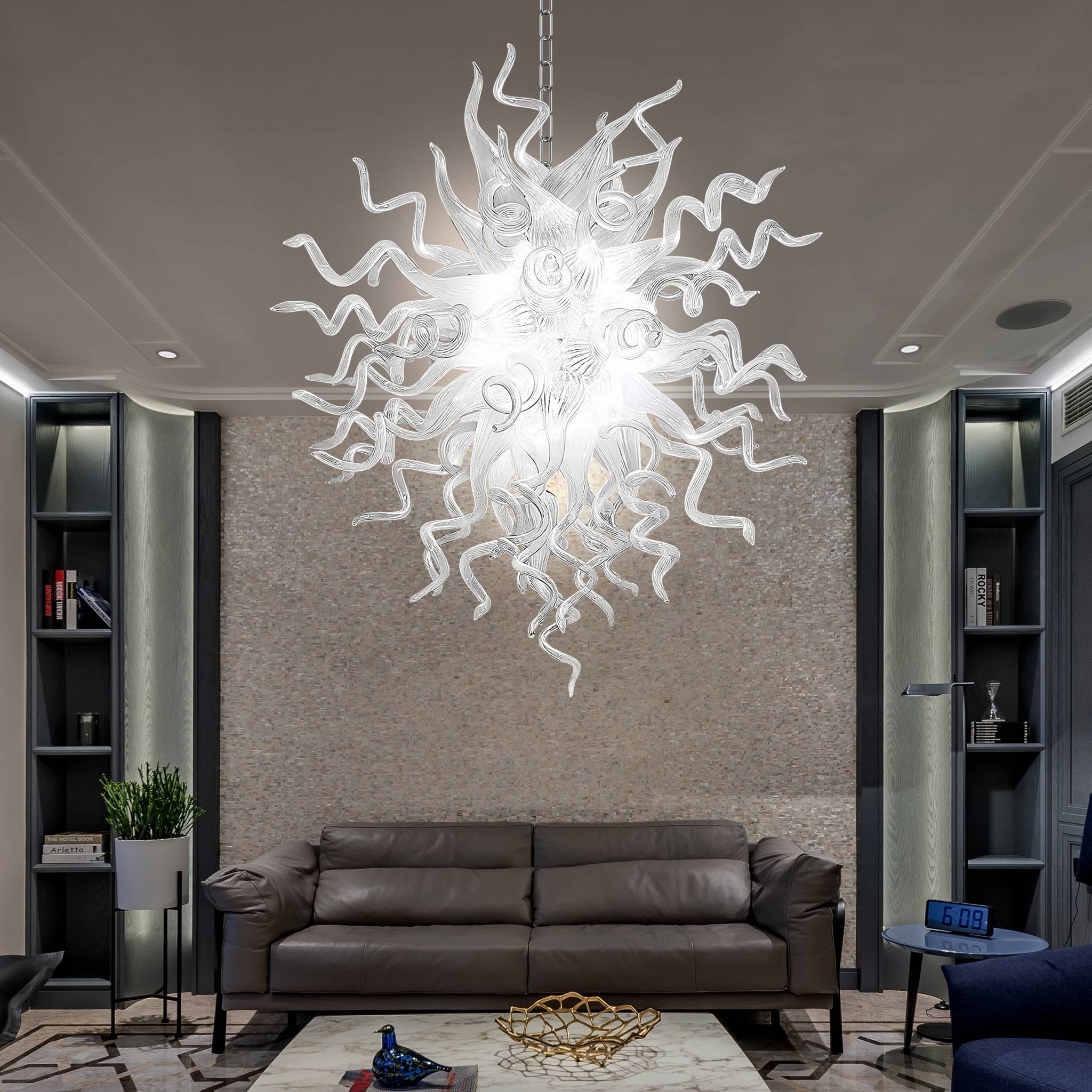 Modern Style Blown Glass Chandelier Frosted Opal White Elegance - BeyPan