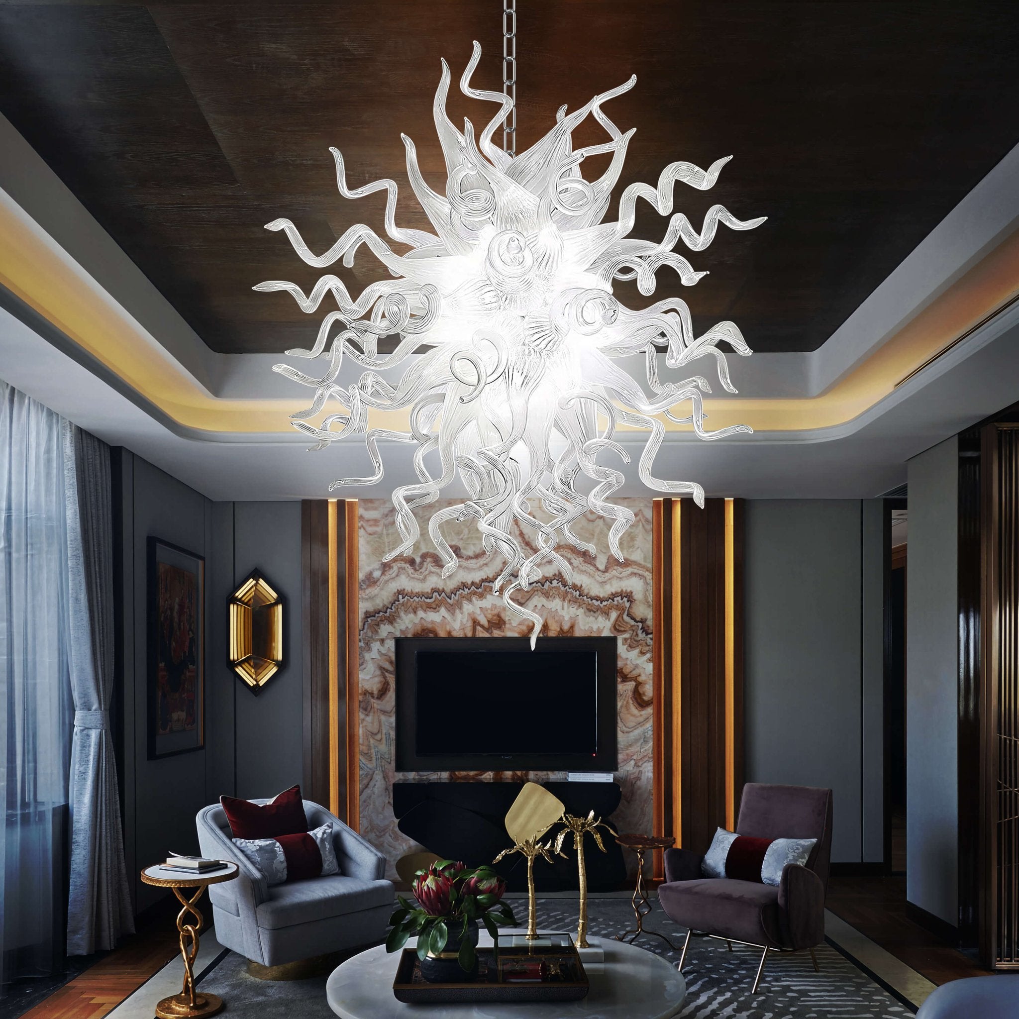 Modern Style Blown Glass Chandelier Frosted Opal White Elegance - BeyPan