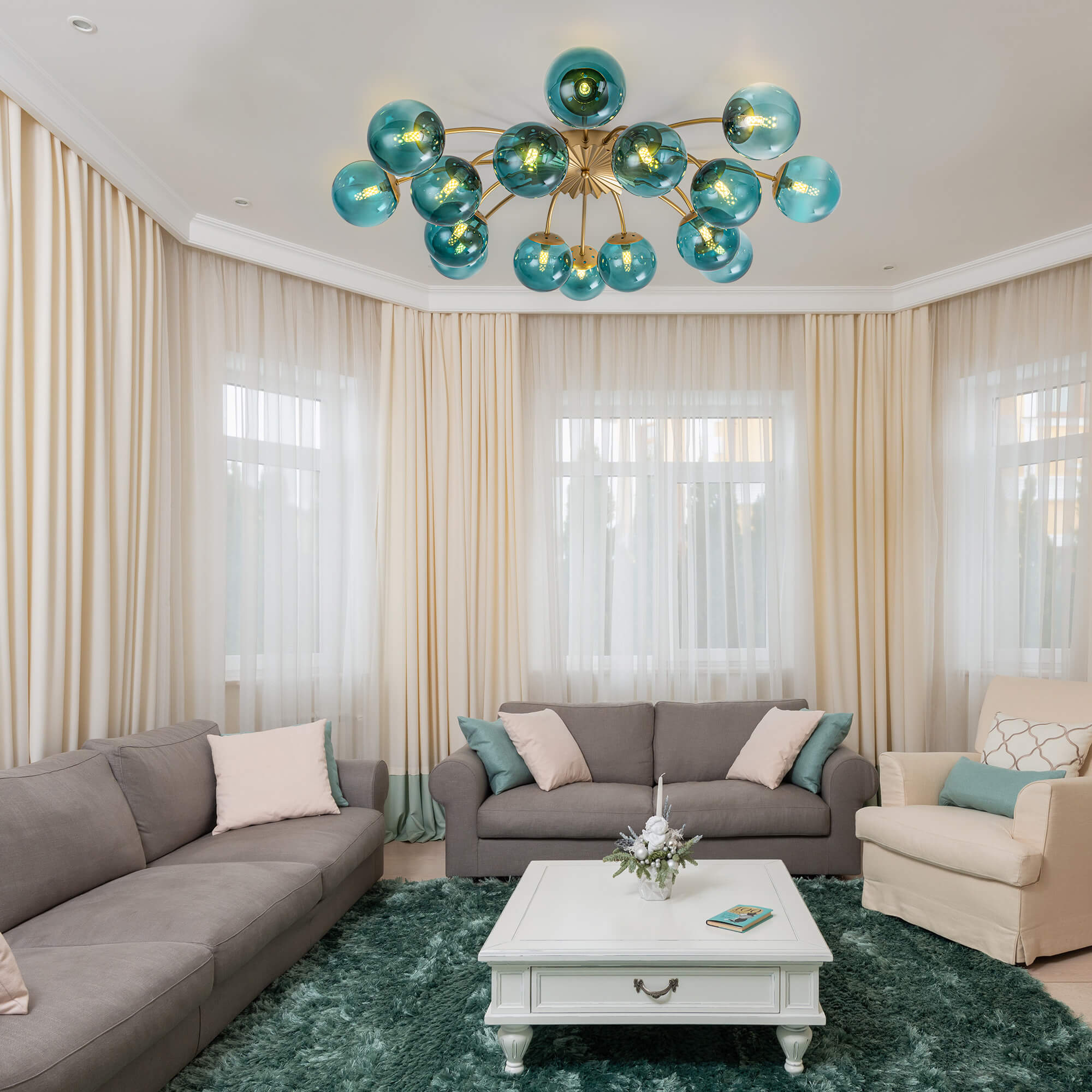 Modern Teal Bubble Globe Semi-Flush Mount Ceiling Light Brass Finish - BeyPan