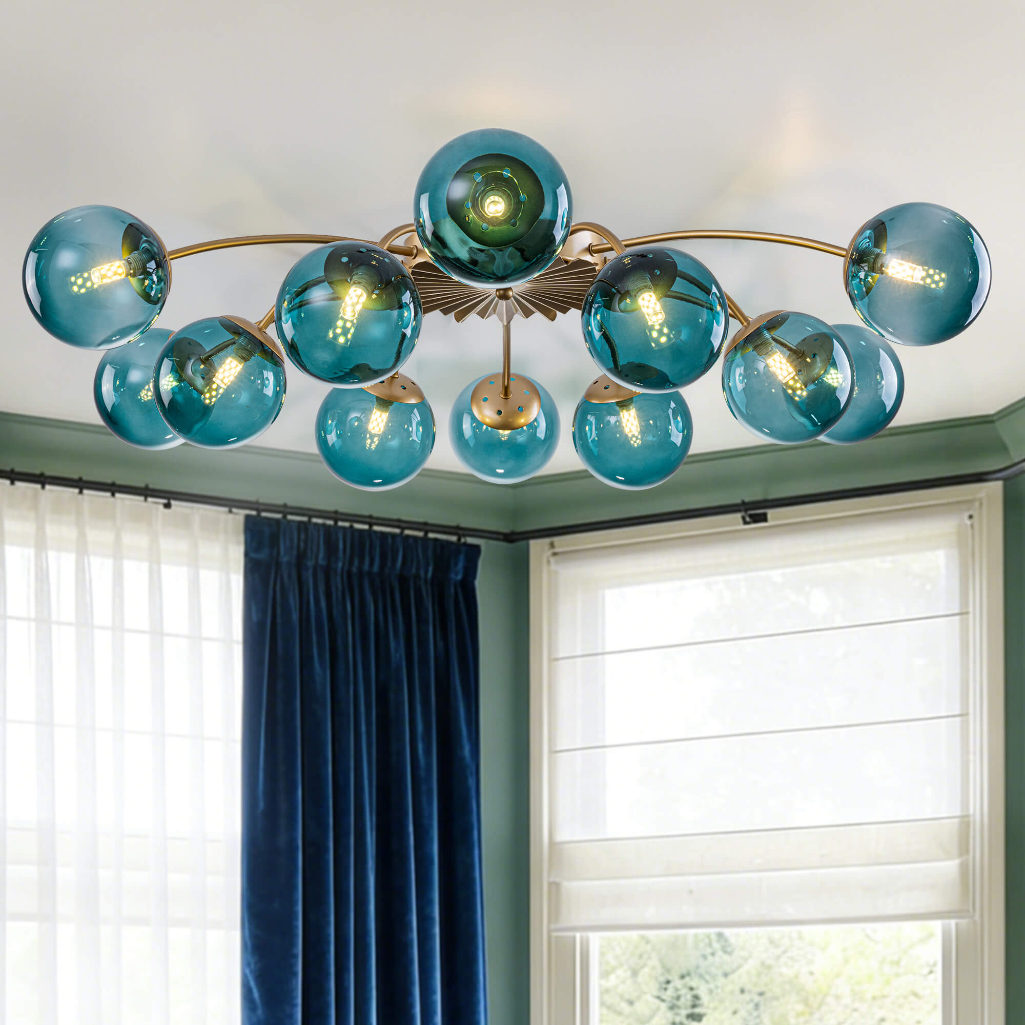 Modern Teal Bubble Globe Semi-Flush Mount Ceiling Light Brass Finish - BeyPan