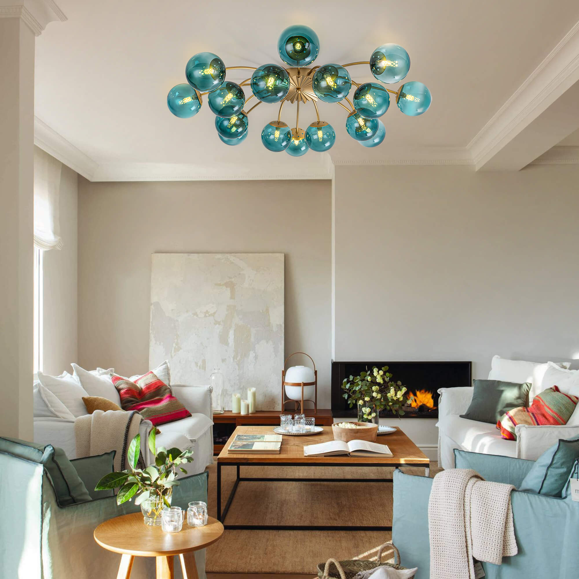 Modern Teal Bubble Globe Semi-Flush Mount Ceiling Light Brass Finish - BeyPan