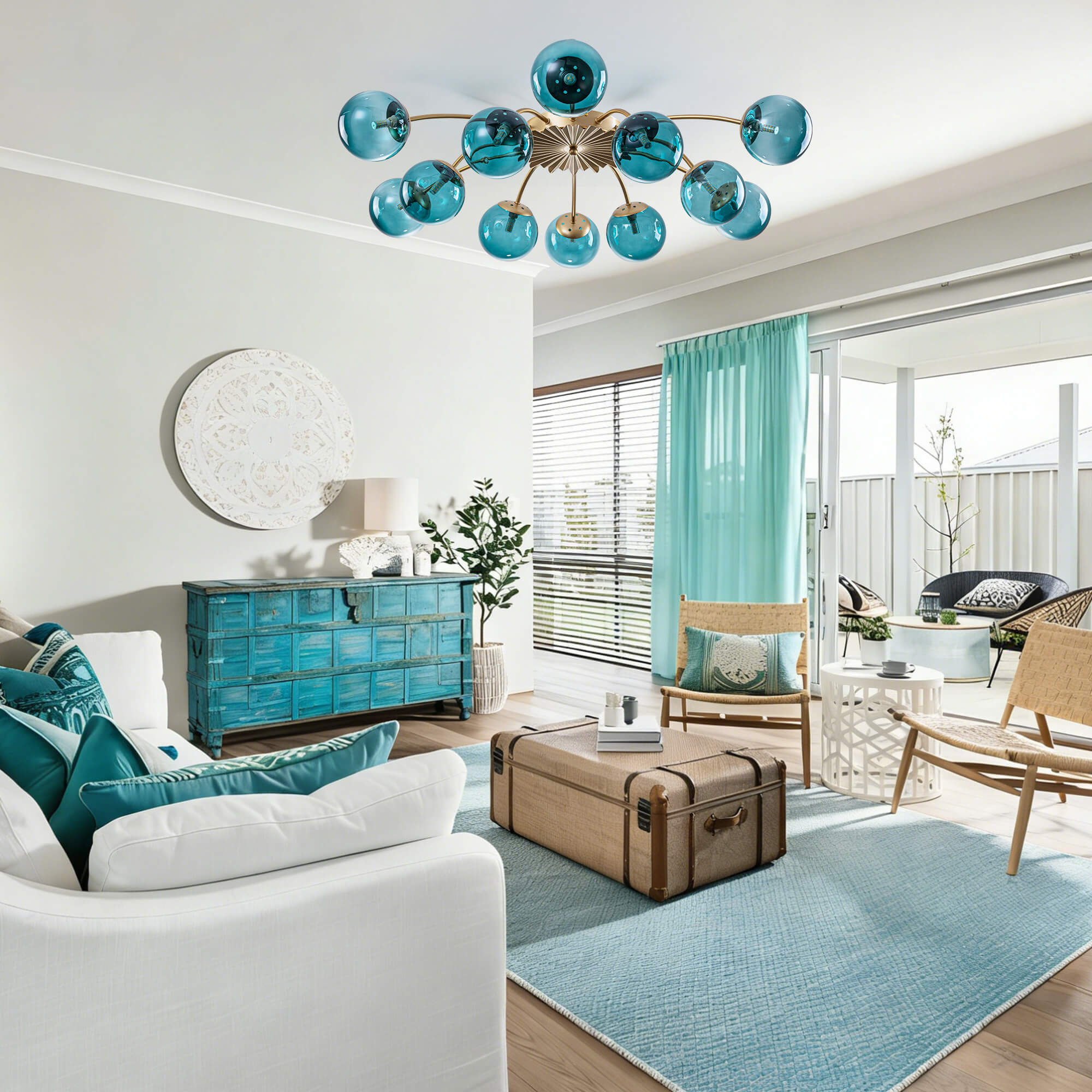 Modern Teal Bubble Globe Semi-Flush Mount Ceiling Light Brass Finish - BeyPan