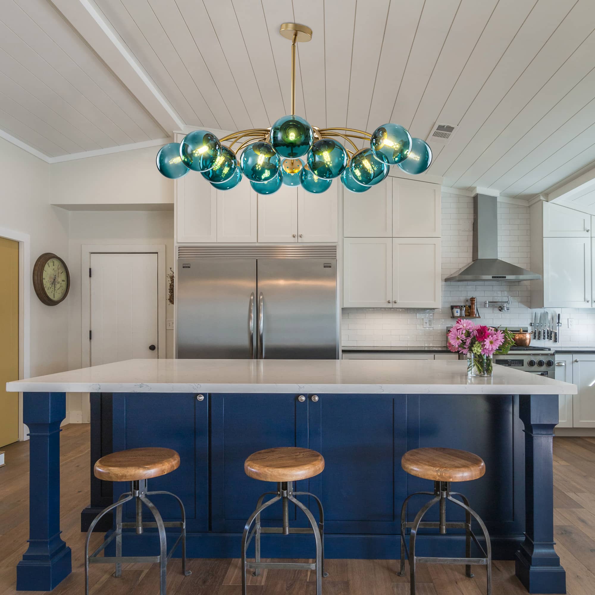 Modern Teal Glass Globe Chandelier | Mid-Century Brass Ceiling Light - BeyPan