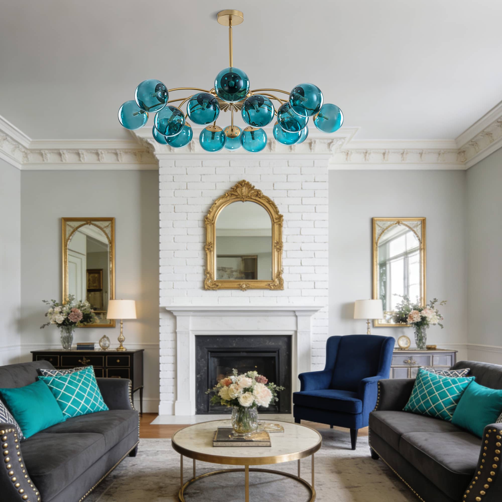 Modern Teal Glass Globe Chandelier | Mid-Century Brass Ceiling Light - BeyPan