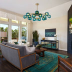 Modern Teal Glass Globe Chandelier | Mid-Century Brass Ceiling Light - BeyPan