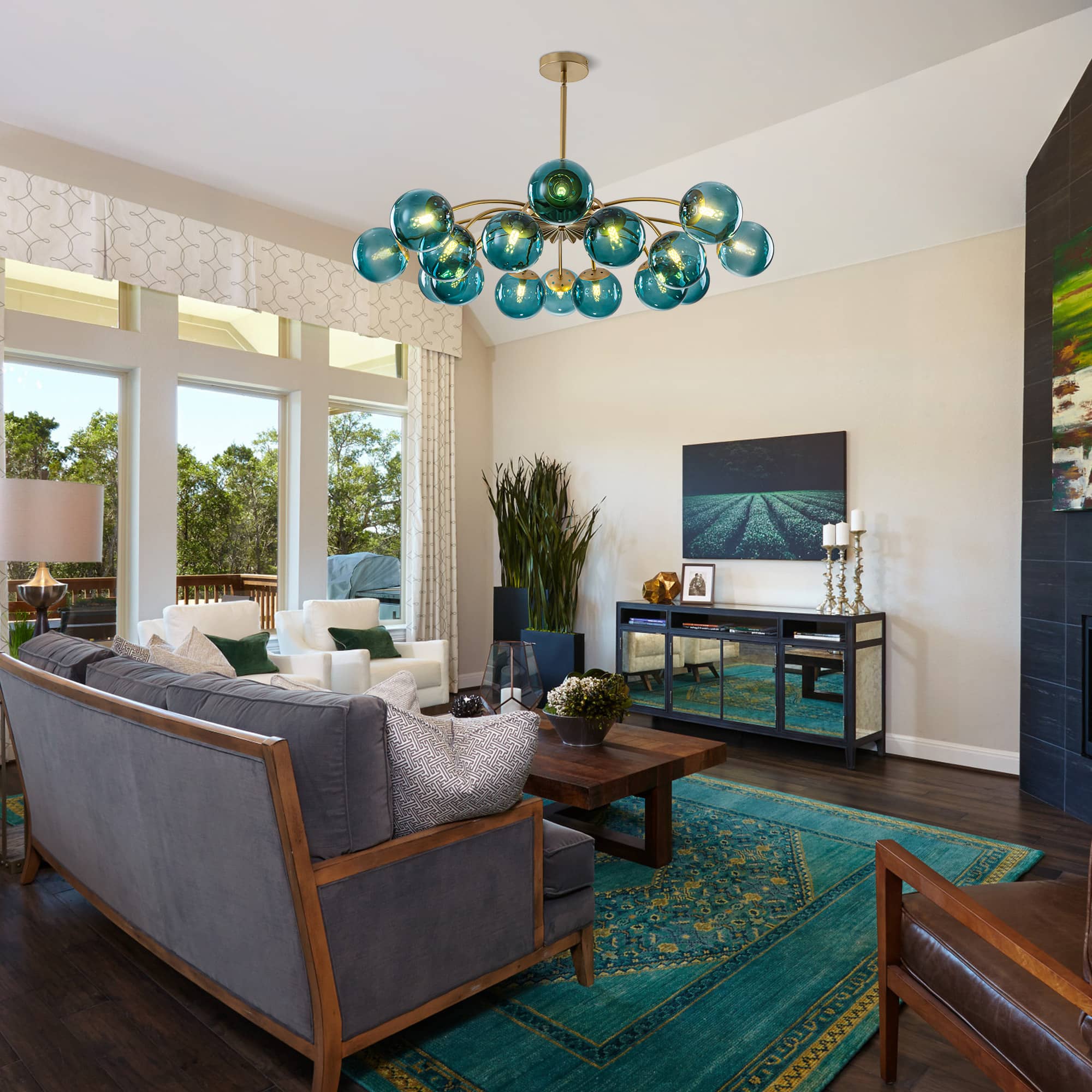 Modern Teal Glass Globe Chandelier | Mid-Century Brass Ceiling Light - BeyPan