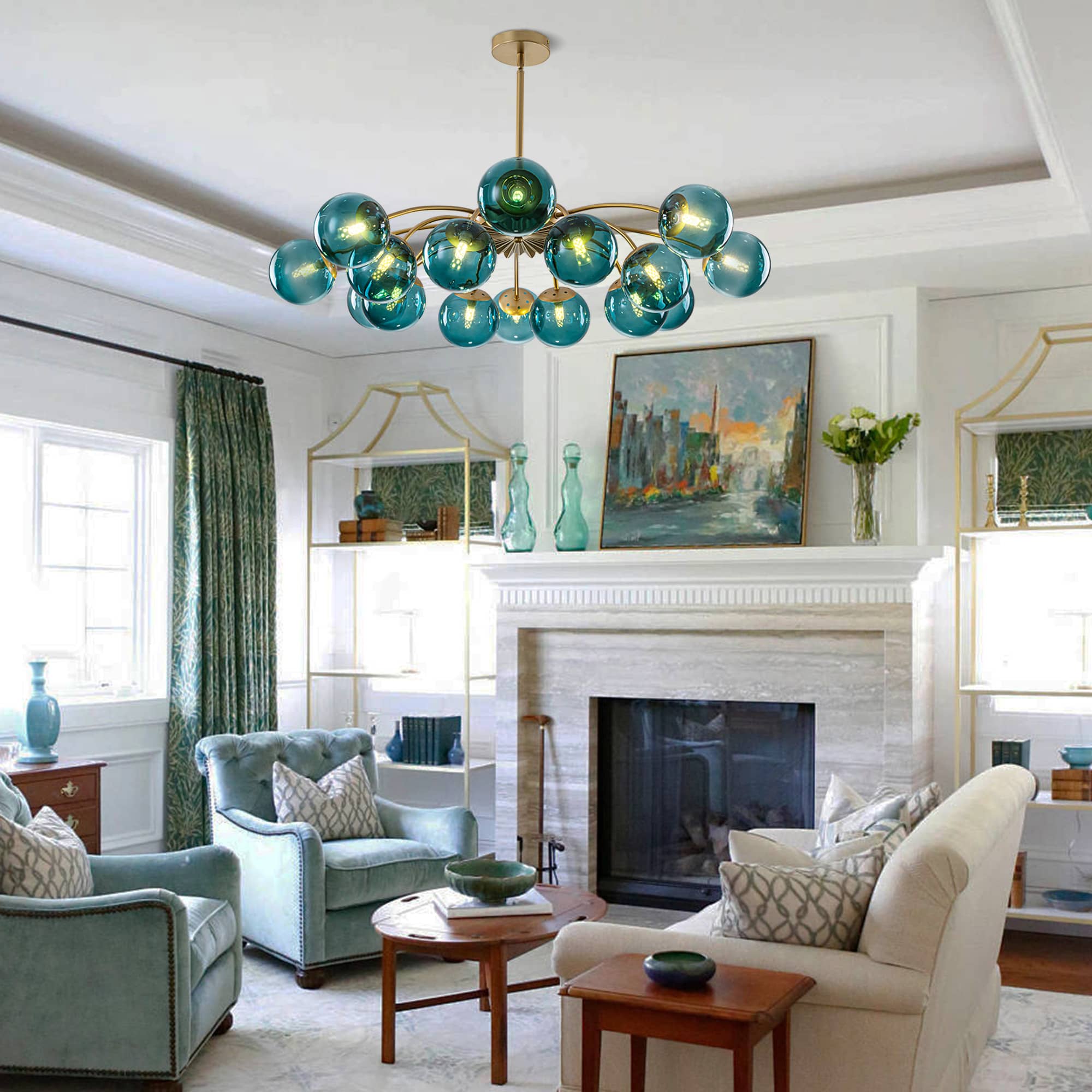 Modern Teal Glass Globe Chandelier | Mid-Century Brass Ceiling Light - BeyPan