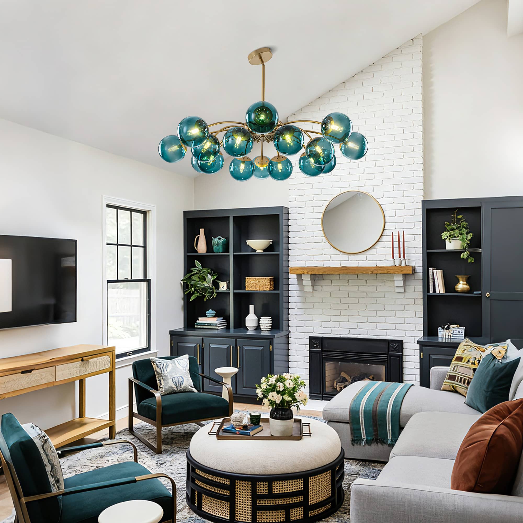 Modern Teal Glass Globe Chandelier with Brass Finish - BeyPan