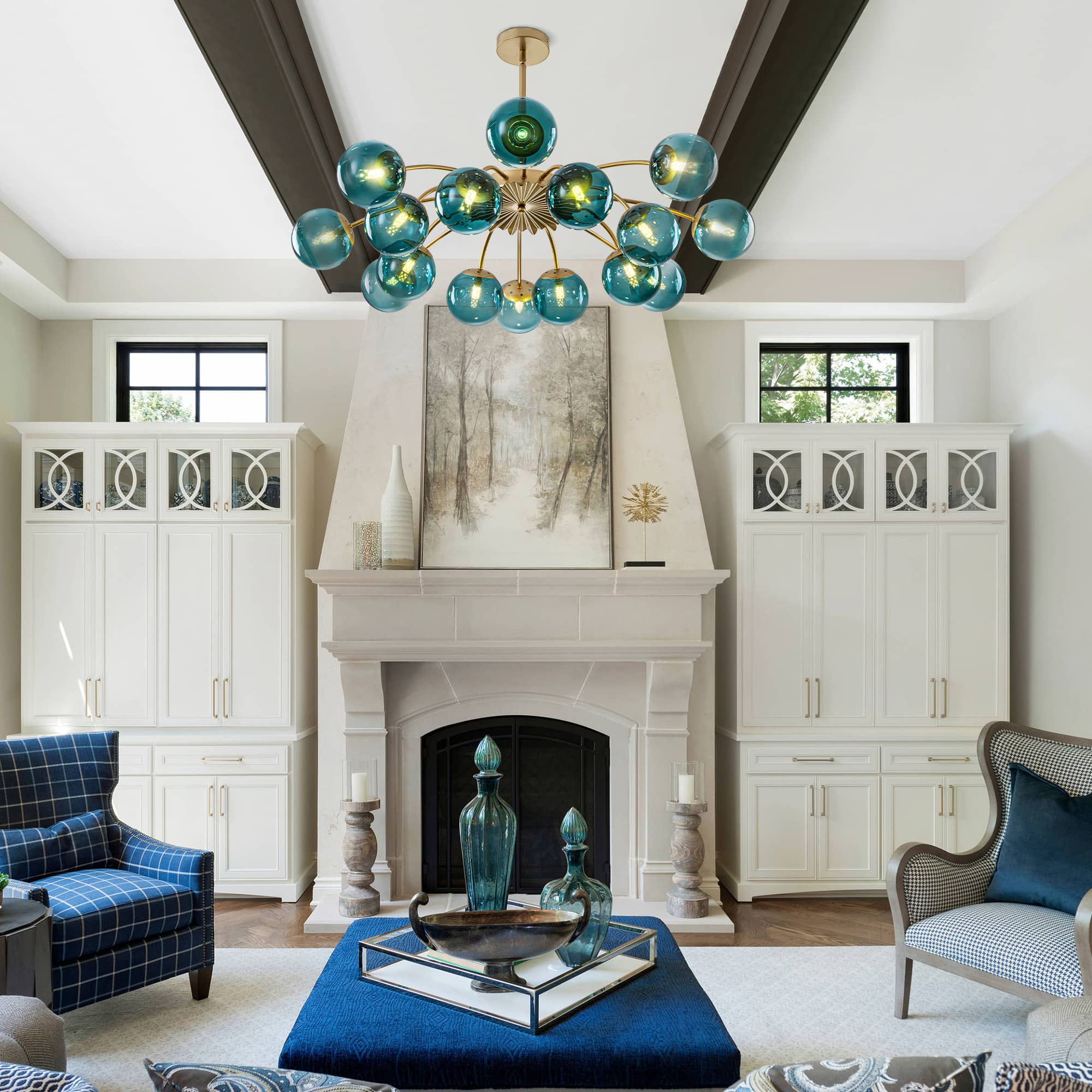Modern Teal Glass Globe Chandelier with Brass Finish Zweitbild