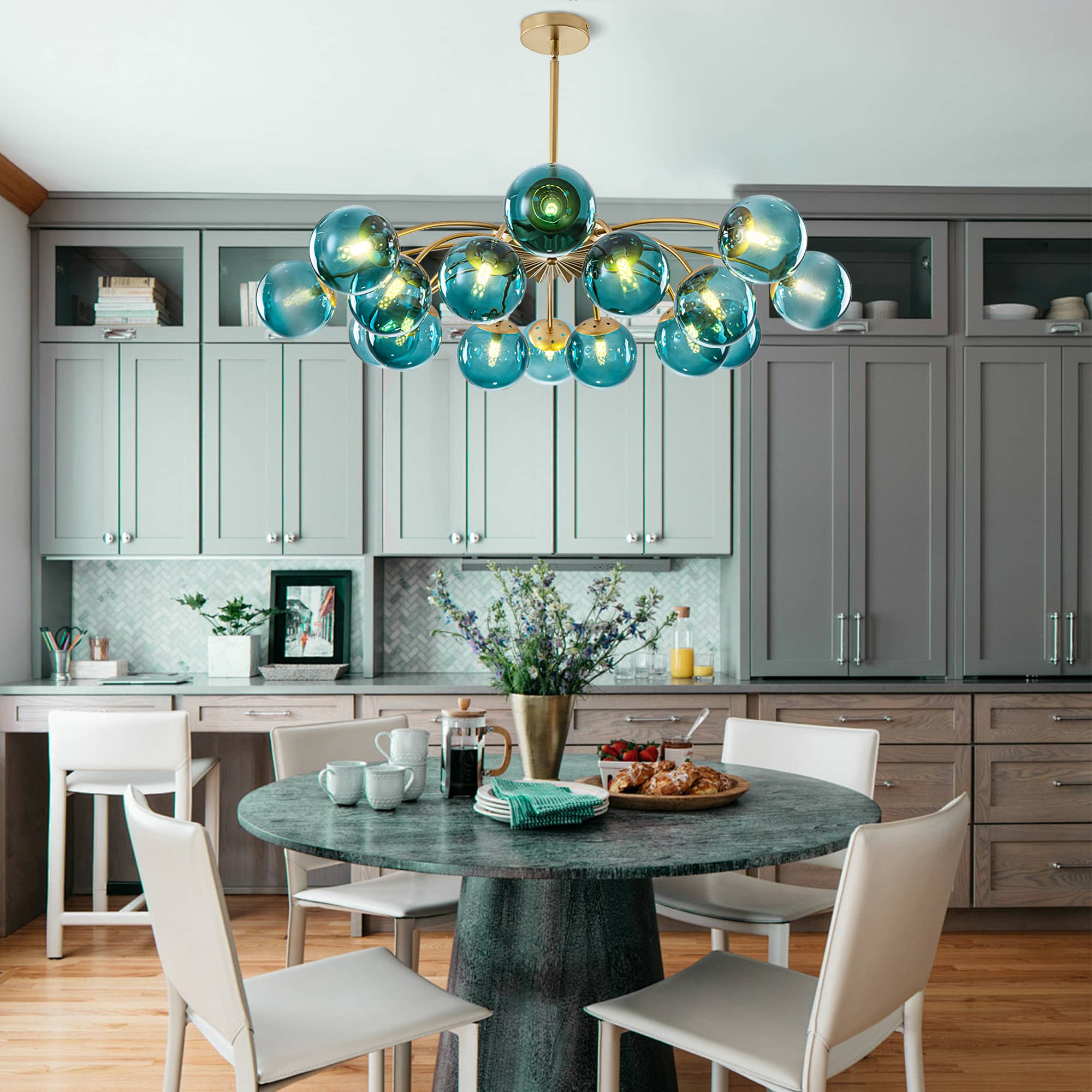Modern Teal Glass Globe Chandelier with Brass Finish - BeyPan