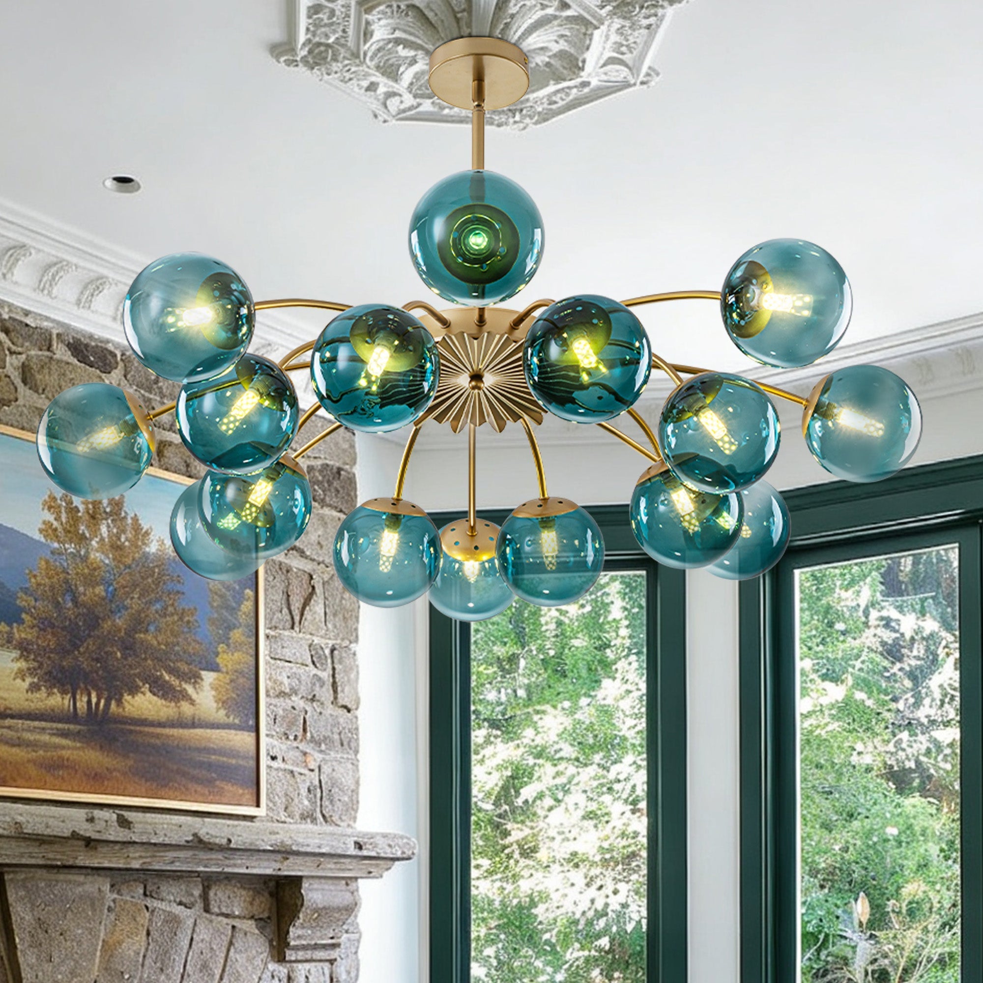 Modern Teal Glass Globe Chandelier with Brass Finish - BeyPan Hauptbild