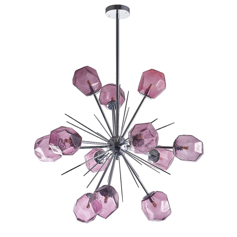 Modern purple geometric pendant light against a clean white background, showcasing the symmetrical Sputnik-style structure.
