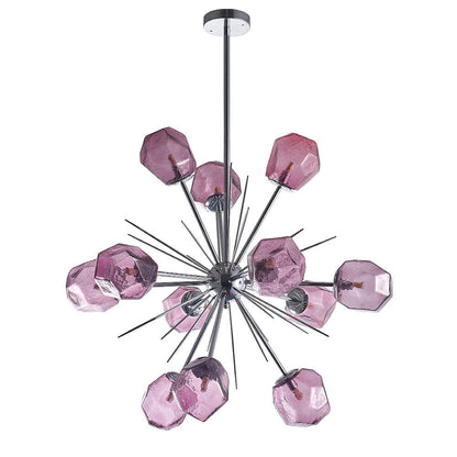 Modern purple geometric pendant light against a clean white background, showcasing the symmetrical Sputnik-style structure.