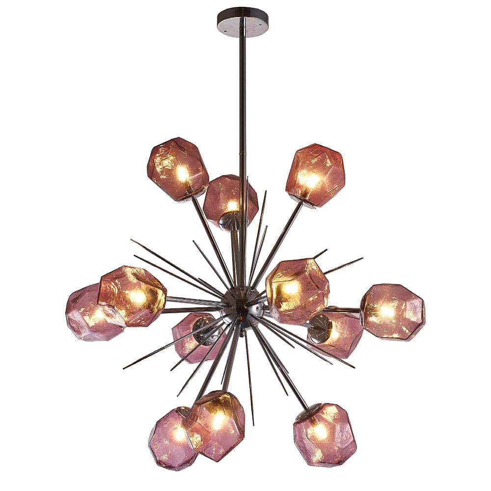 Midnight Amethyst Sputnik chandelier featuring faceted purple geometric glass shades on a polished chrome iron frame.