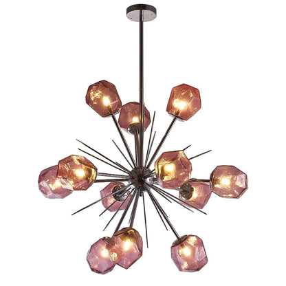 Midnight Amethyst Sputnik chandelier featuring faceted purple geometric glass shades on a polished chrome iron frame.