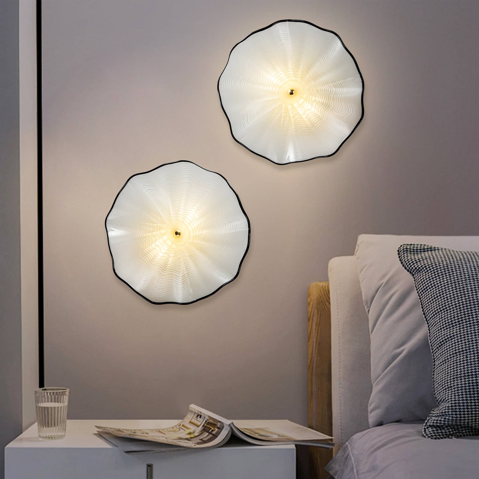 Murano Glass Wall Plates Pearl White Black Rim LED D12inches - BeyPan