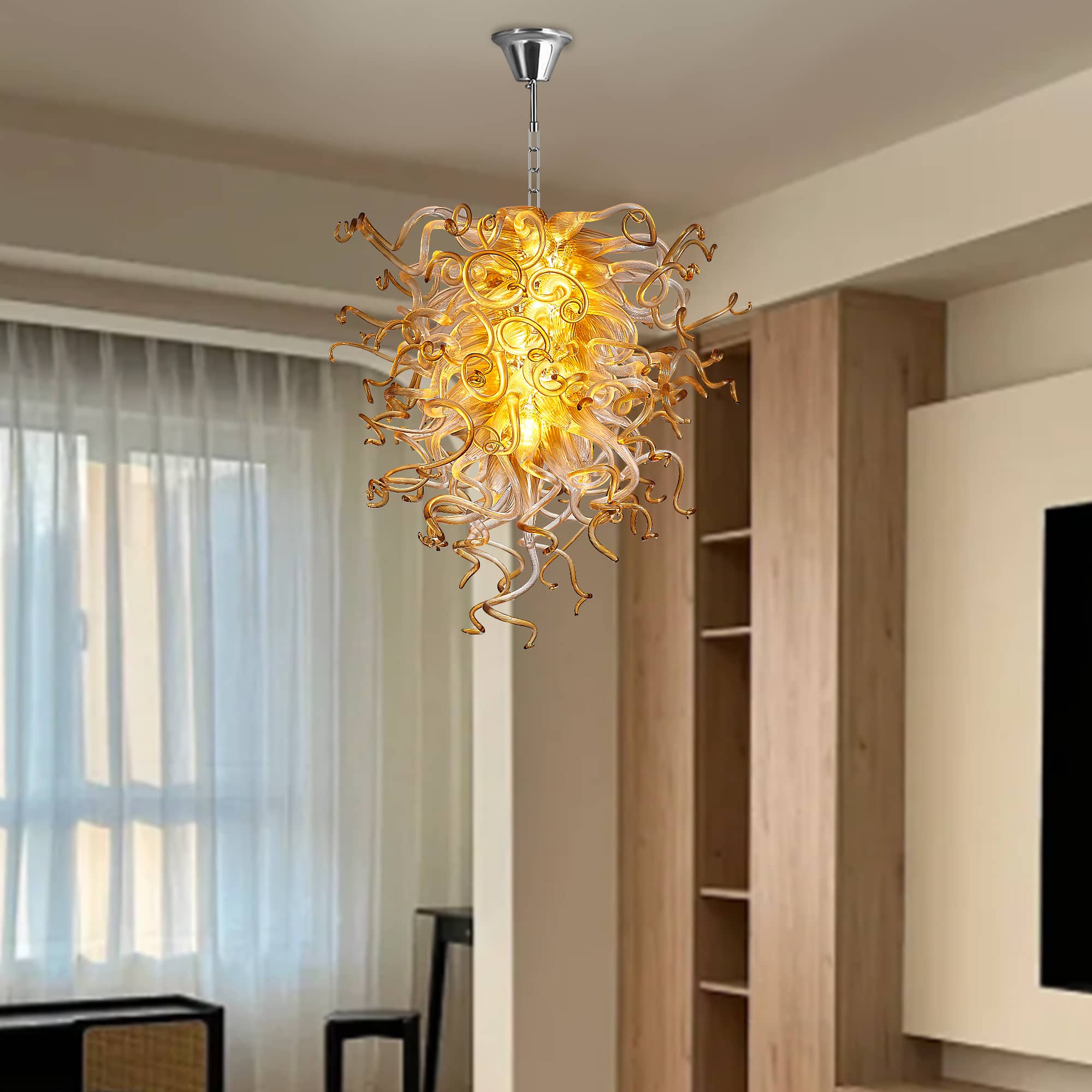 Murano Inspired Blown Glass Chandelier Clear Glass With Amber Tip - BeyPan