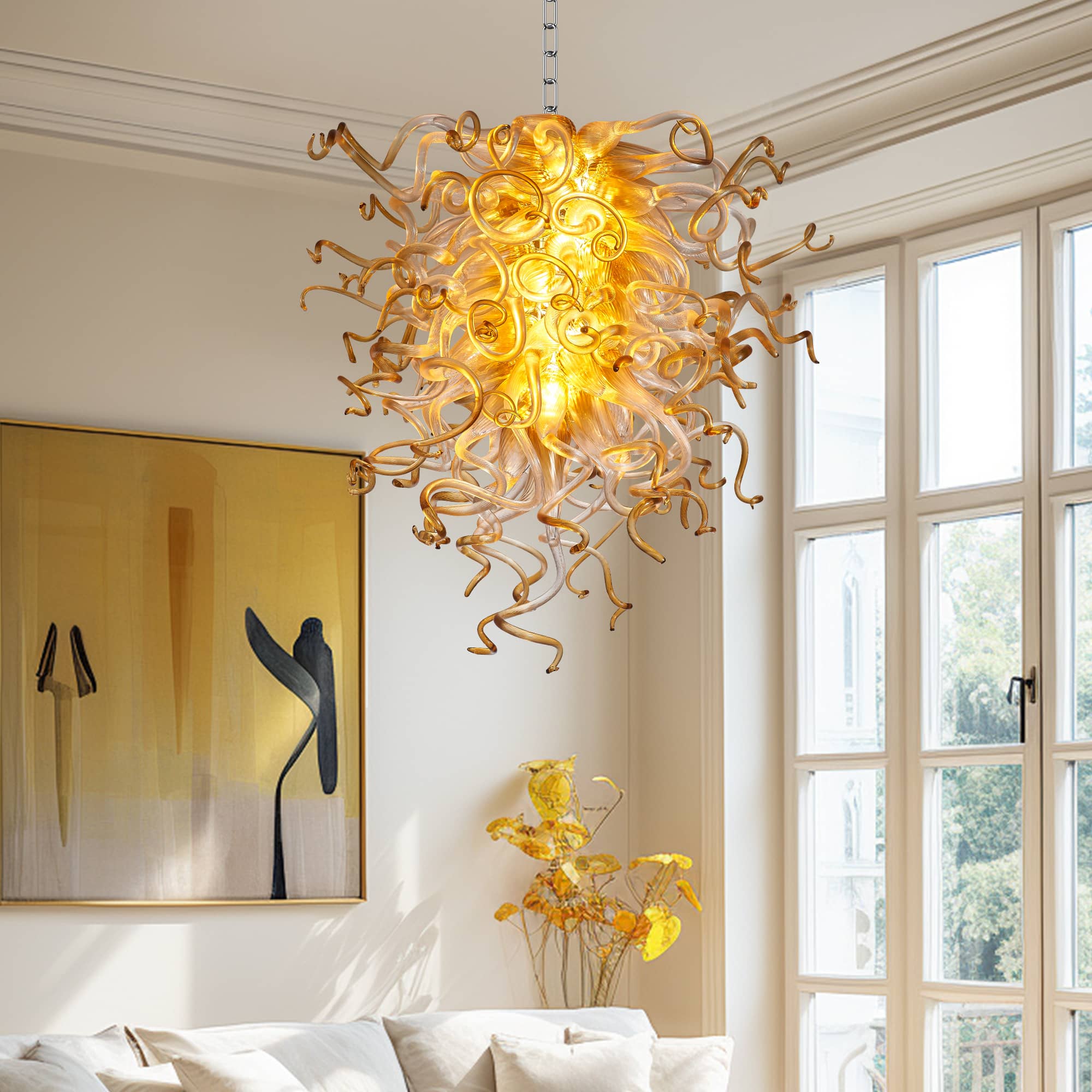 Murano Inspired Blown Glass Chandelier Clear Glass With Amber Tip - BeyPan