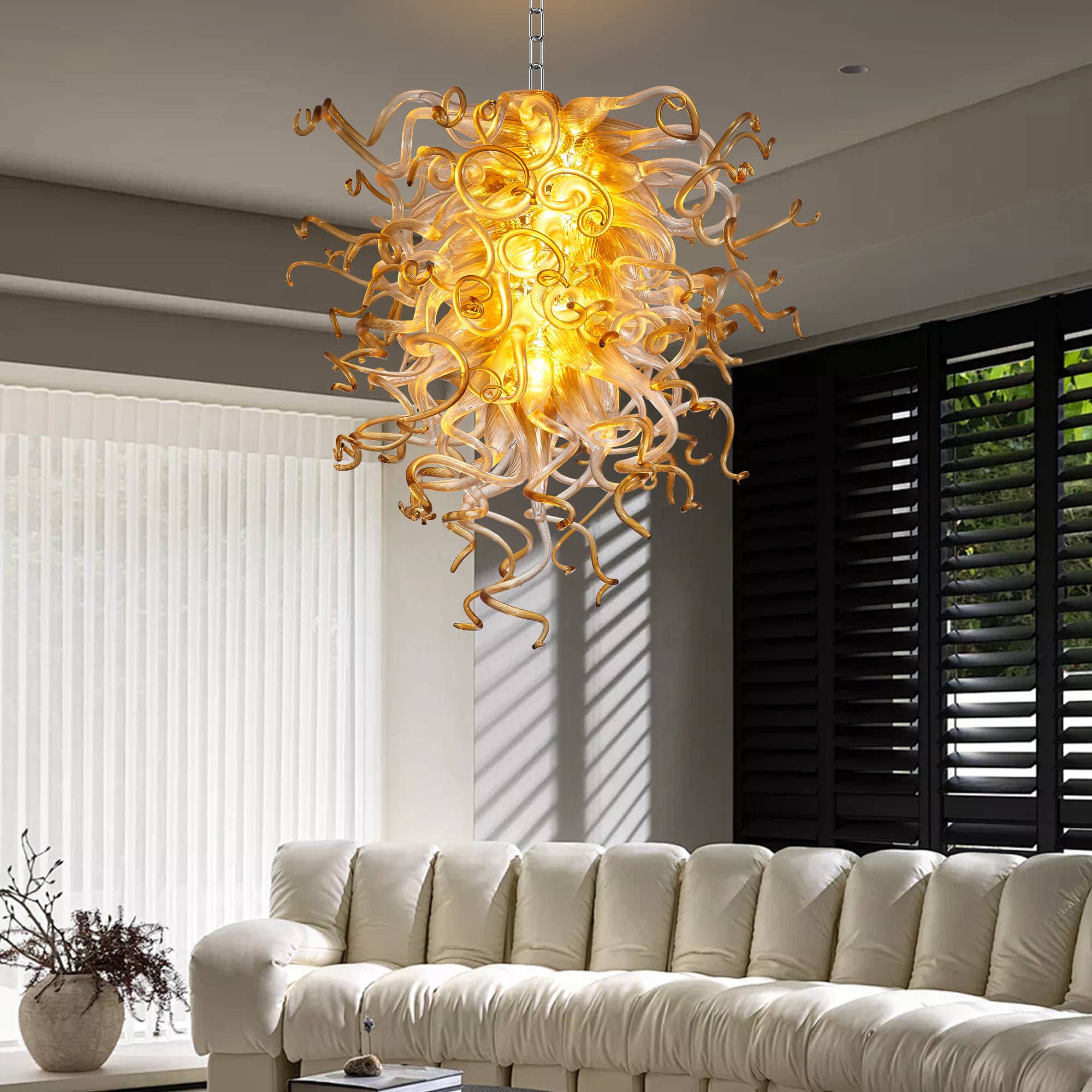 Murano Inspired Blown Glass Chandelier Clear Glass With Amber Tip - BeyPan