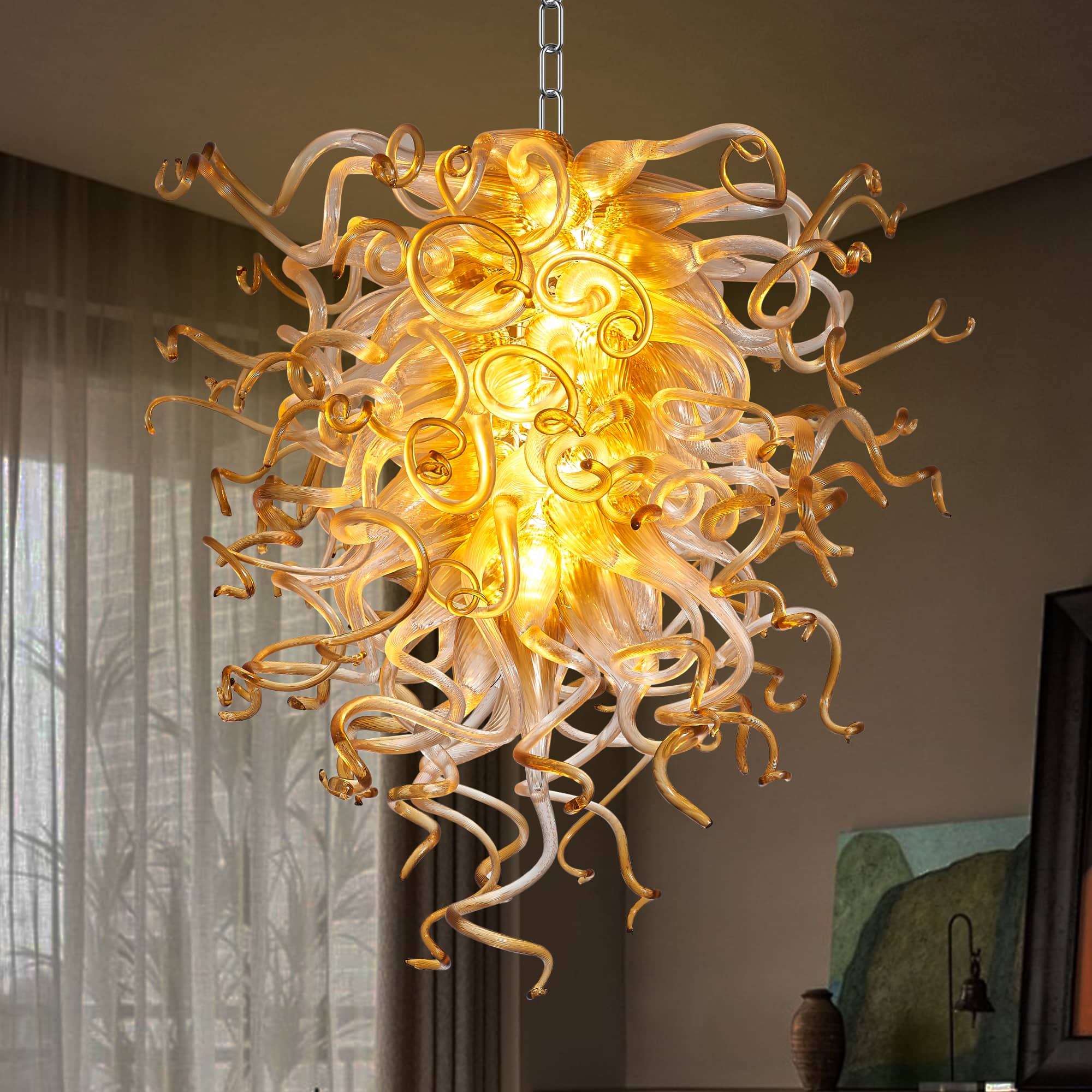 Murano Inspired Blown Glass Chandelier Clear Glass With Amber Tip - BeyPan Hauptbild