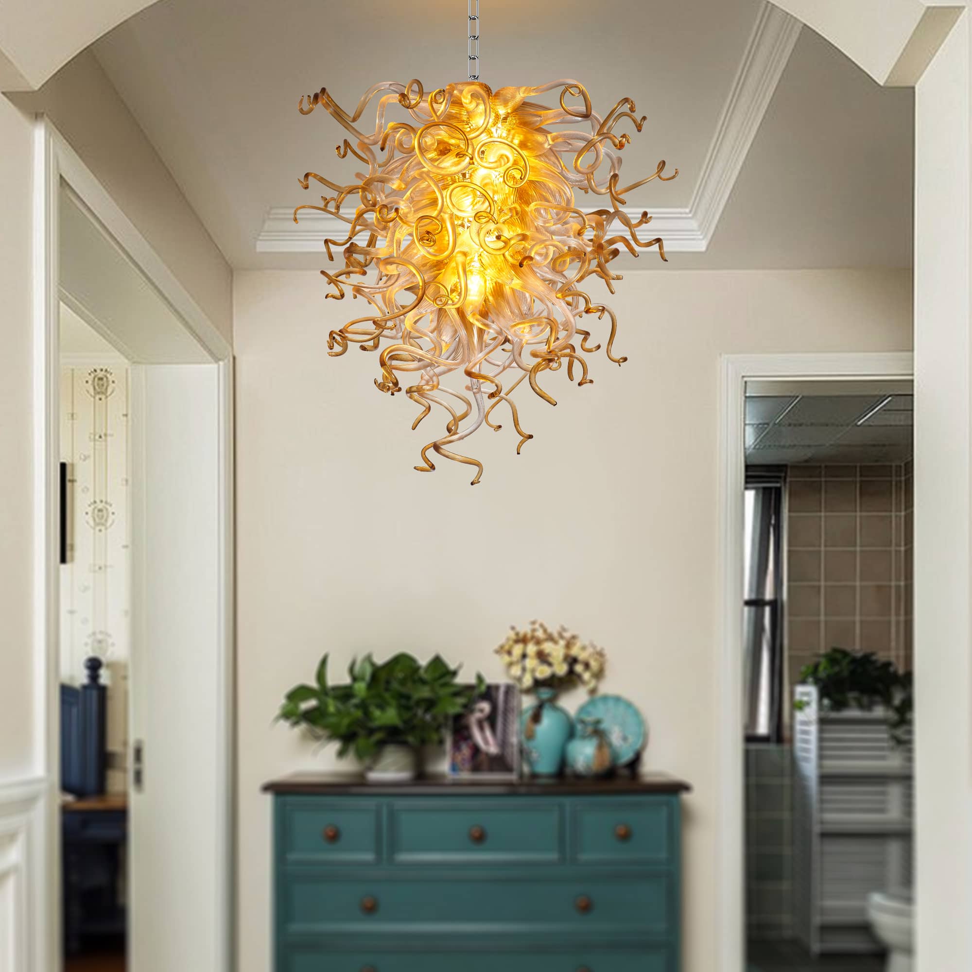 Murano Inspired Blown Glass Chandelier Clear Glass With Amber Tip - BeyPan