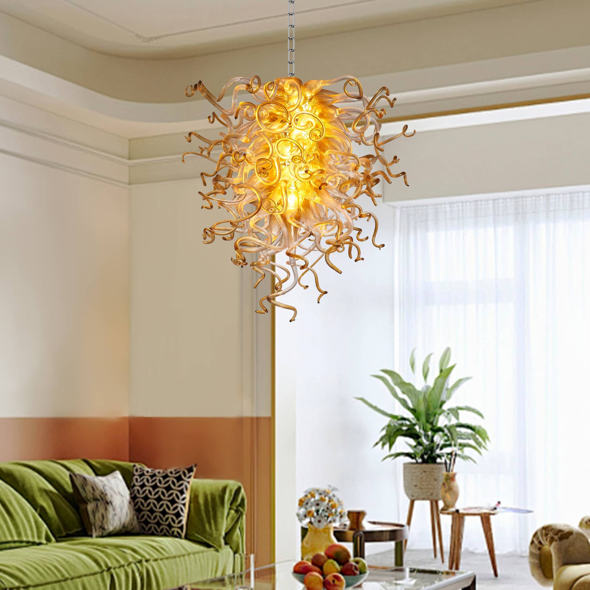 Murano Inspired Blown Glass Chandelier Clear Glass With Amber Tip - BeyPan