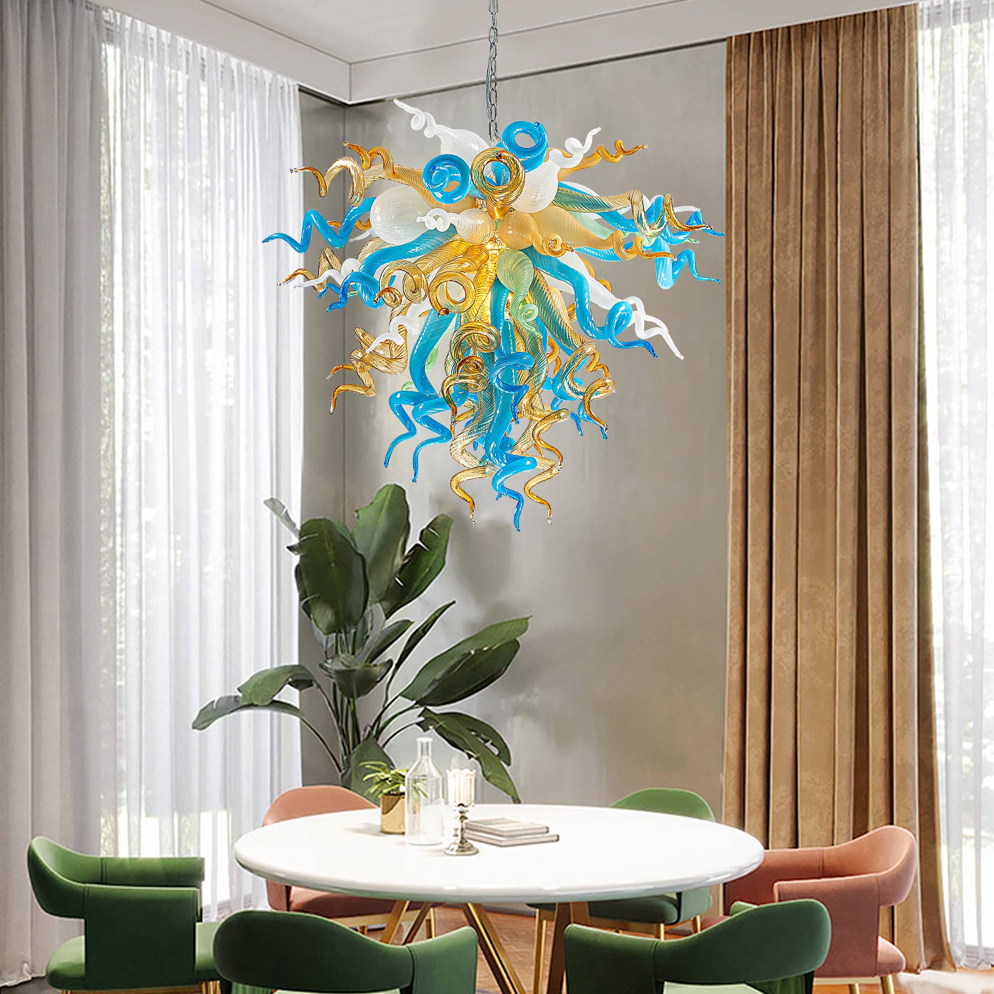 Murano Inspired Glass Chandelier Coastal Amber& Blue - BeyPan