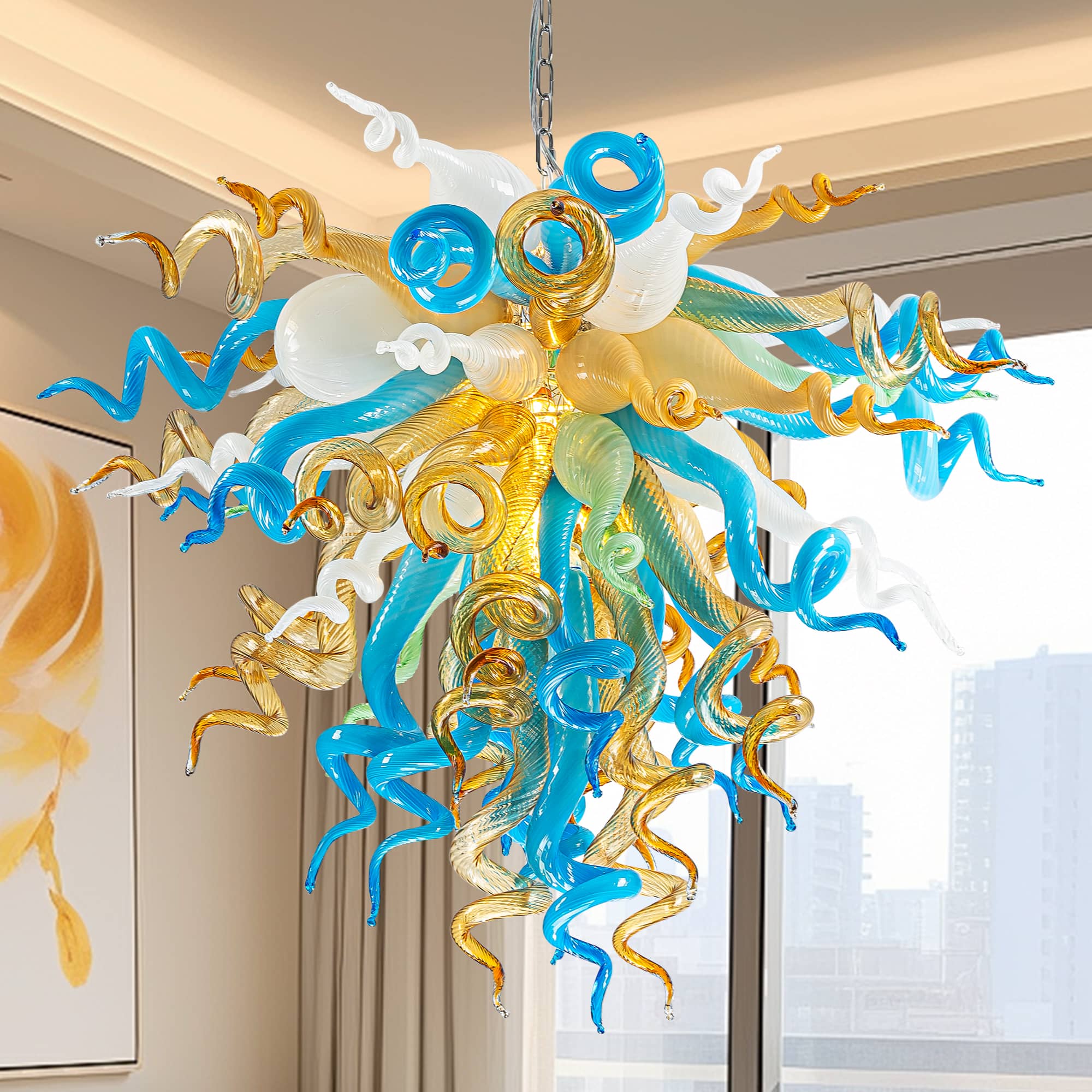 Murano Inspired Glass Chandelier Coastal Amber& Blue - BeyPan Hauptbild