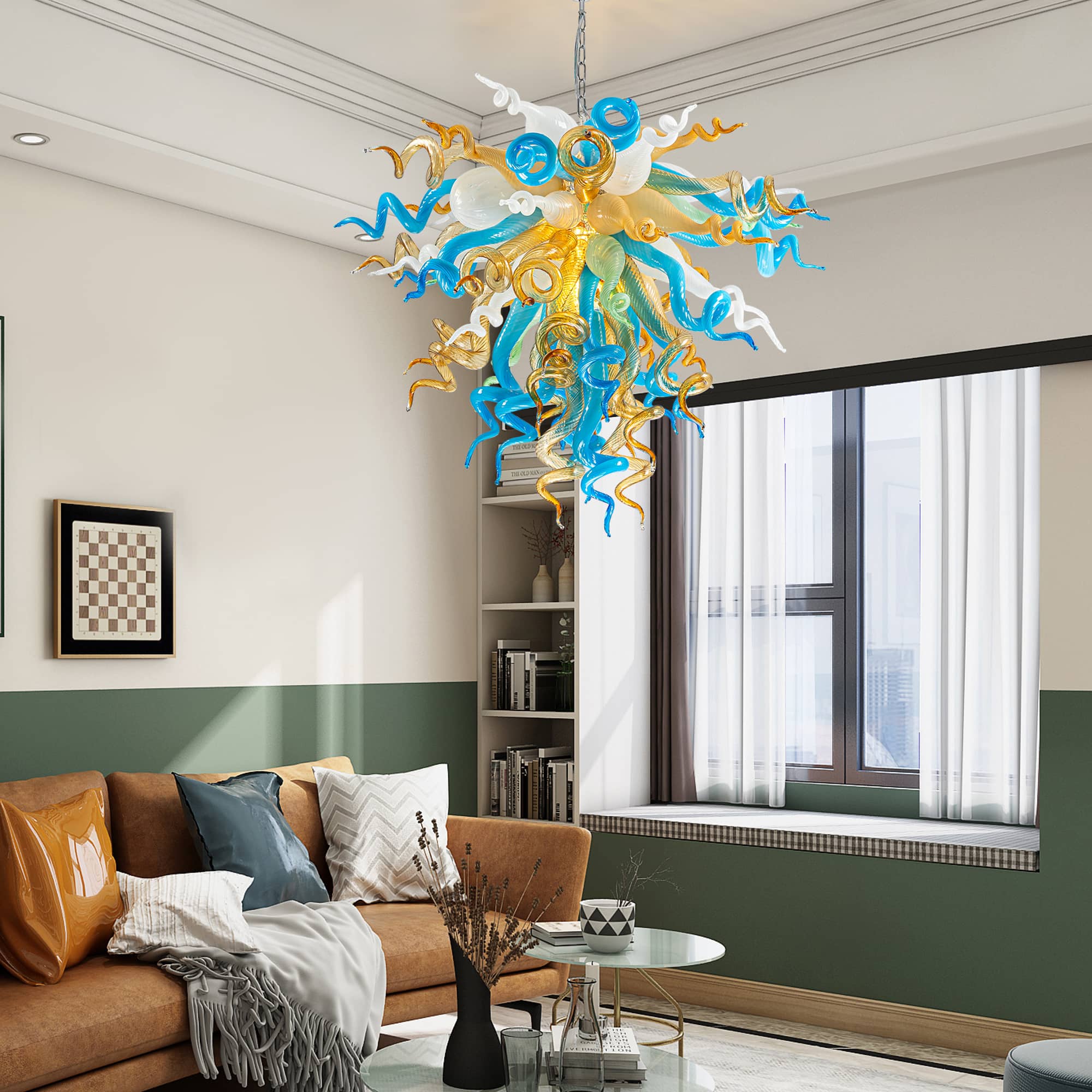 Murano Inspired Glass Chandelier Coastal Amber& Blue - BeyPan