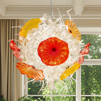 Murano Style Blown Glass Chandelier - Ethereal Clear Tendrils with Vibrant Orange and Red Glass Plates - BeyPan