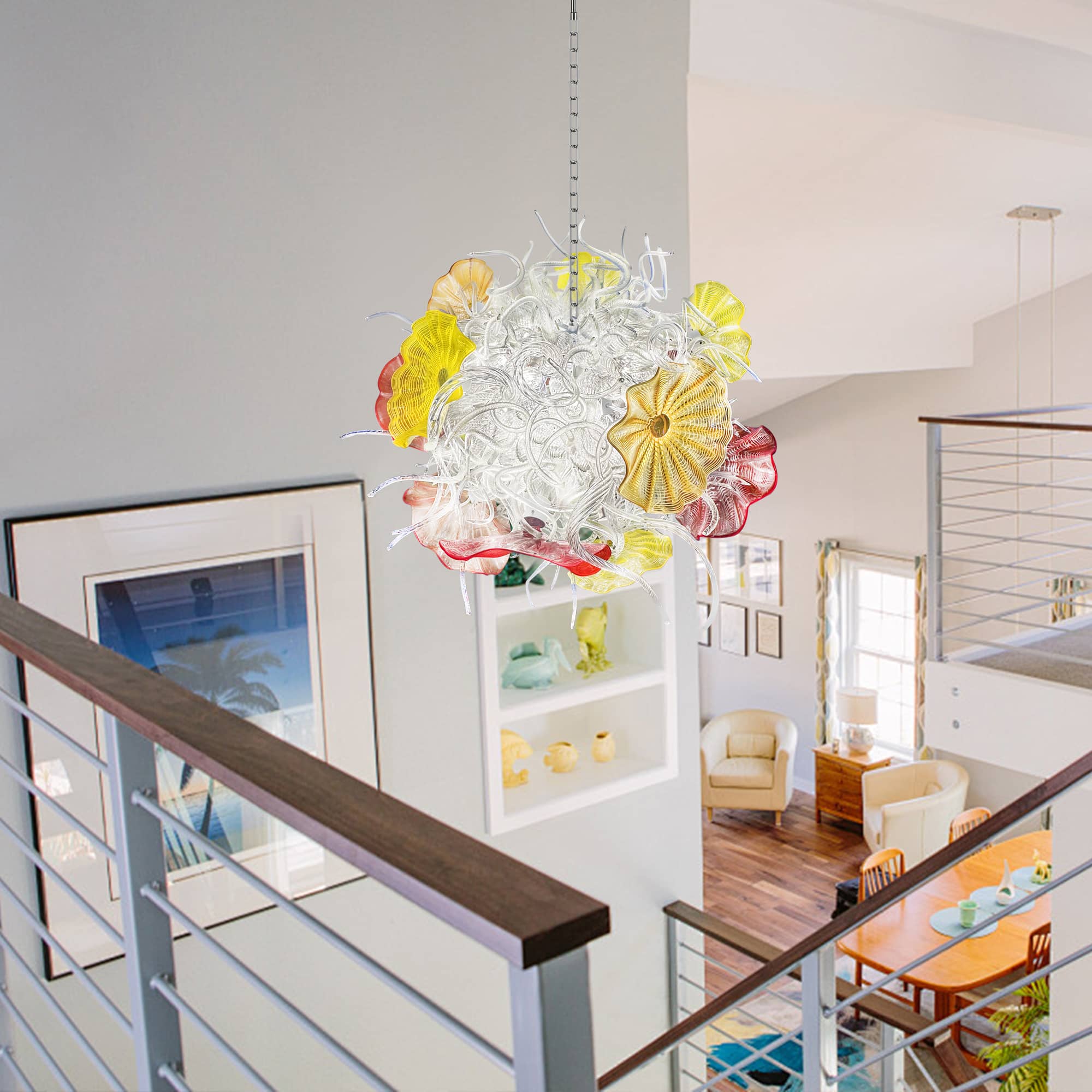 Murano Style Blown Glass Chandelier - Ethereal Clear Tendrils with Vibrant Orange and Red Glass Plates - BeyPan