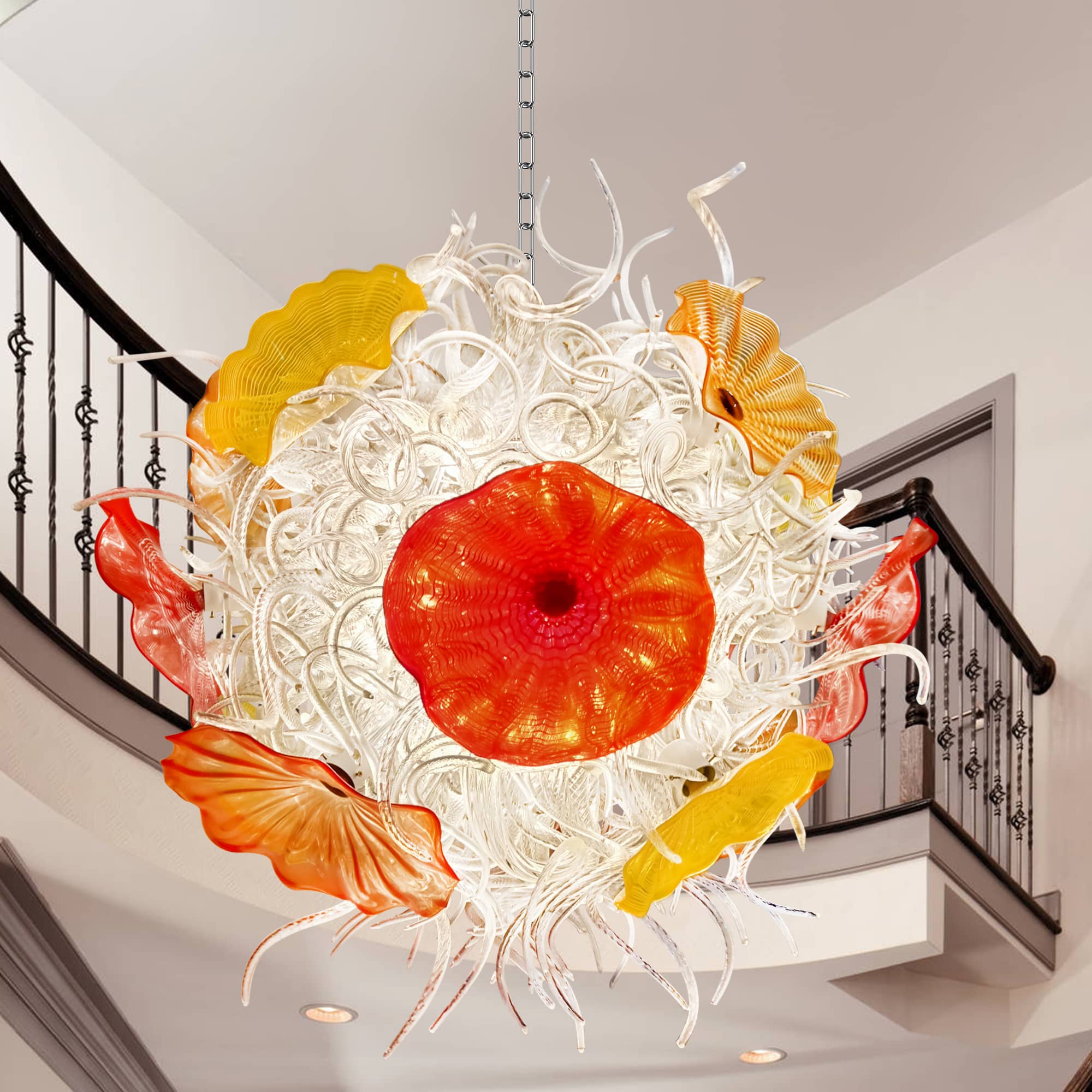 Murano Style Blown Glass Chandelier - Ethereal Clear Tendrils with Vibrant Orange and Red Glass Plates - BeyPan Hauptbild
