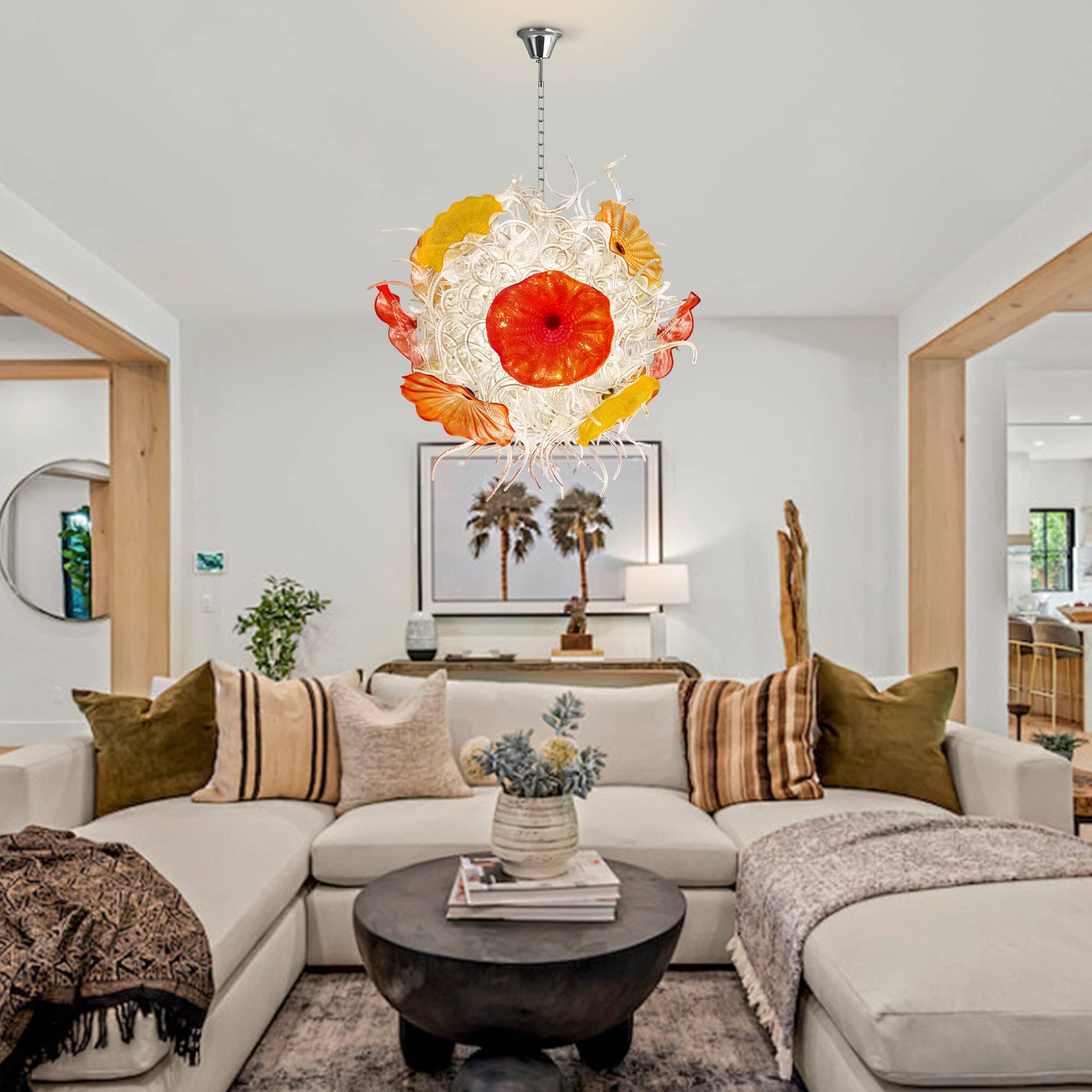 Murano Style Blown Glass Chandelier - Ethereal Clear Tendrils with Vibrant Orange and Red Glass Plates - BeyPan