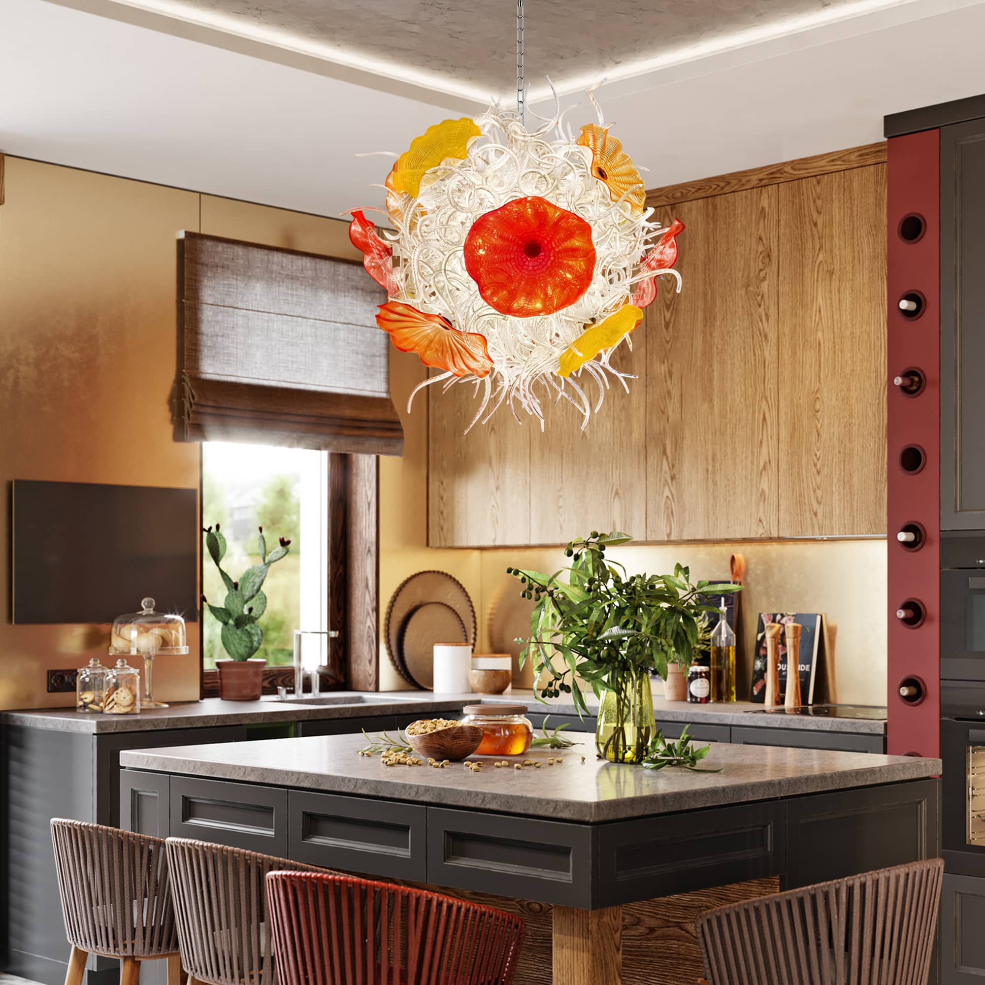 Murano Style Blown Glass Chandelier - Ethereal Clear Tendrils with Vibrant Orange and Red Glass Plates - BeyPan