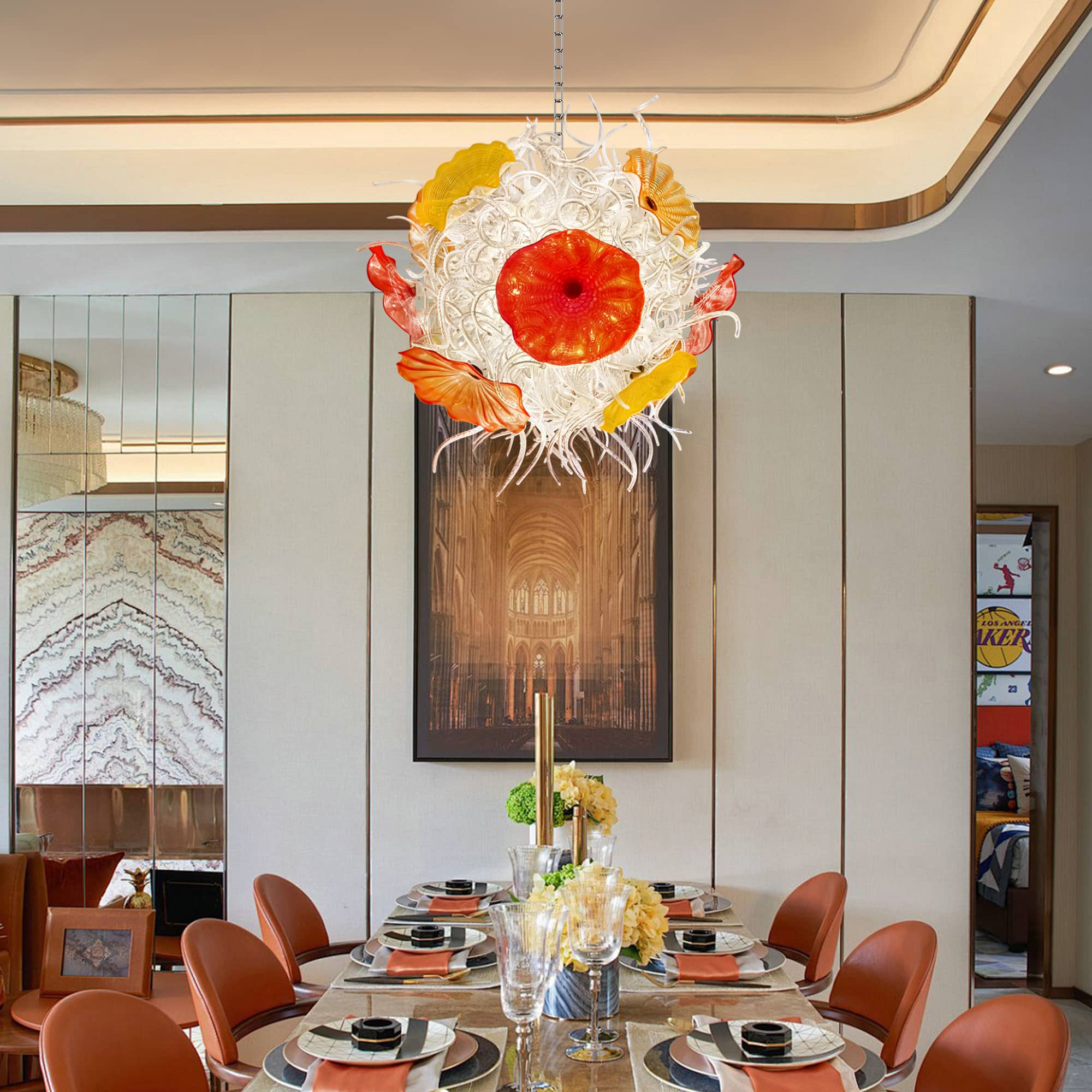 Murano Style Blown Glass Chandelier - Ethereal Clear Tendrils with Vibrant Orange and Red Glass Plates - BeyPan