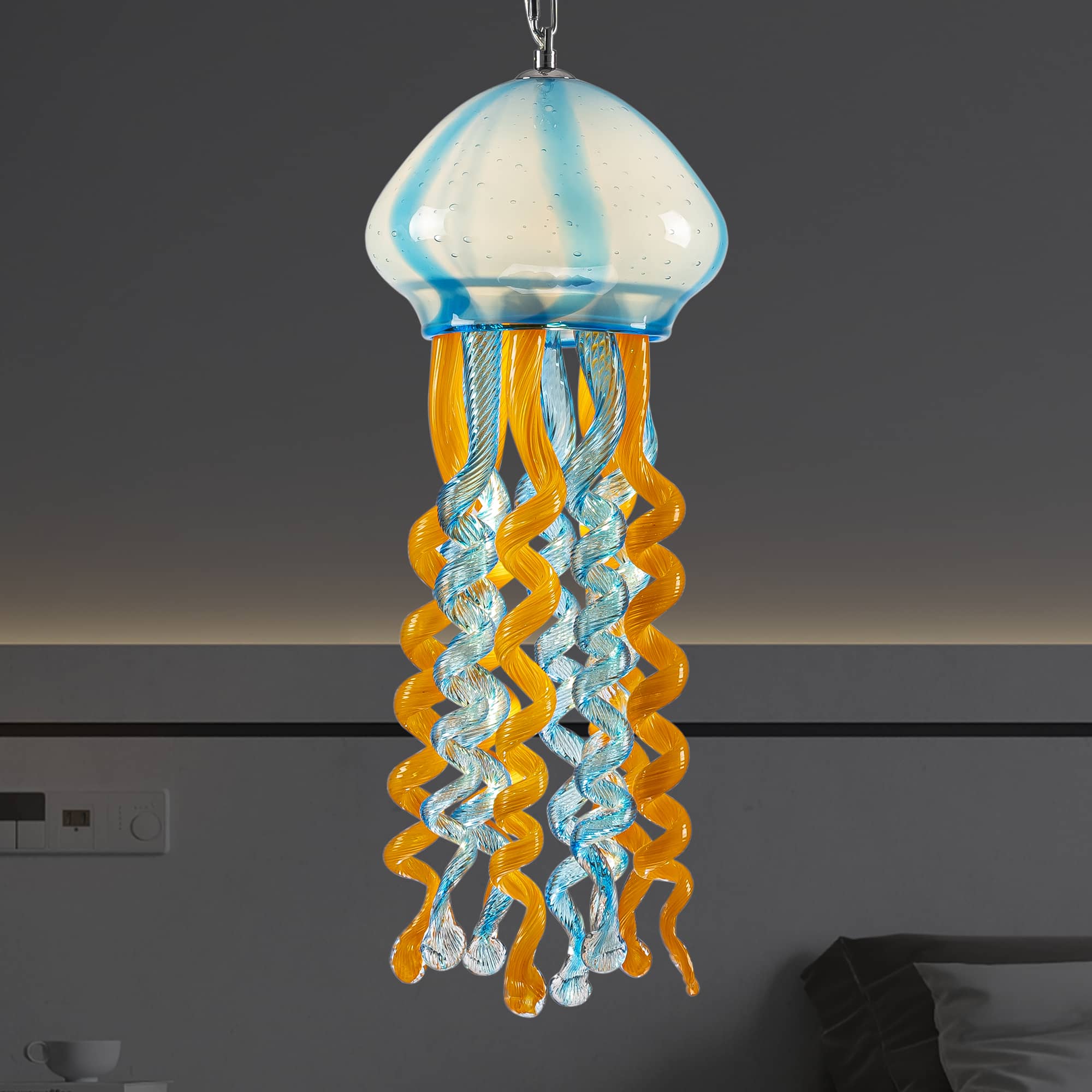 Murano Style Blown Glass Jellyfish Lamp Wind Chime Light Blue & Orange Pendant - BeyPan