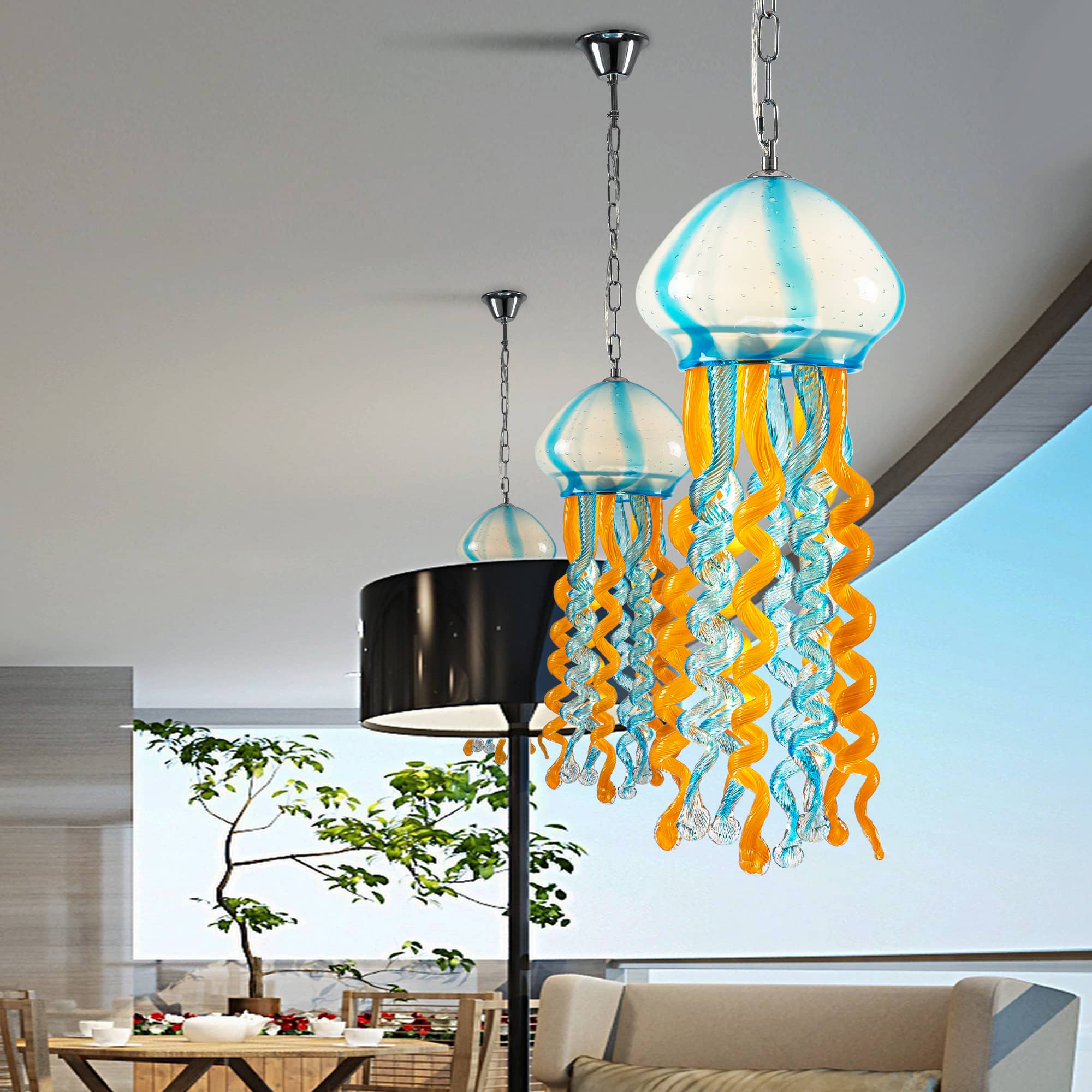 Murano Style Blown Glass Jellyfish Lamp Wind Chime Light Blue & Orange Pendant - BeyPan