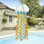 Murano Style Blown Glass Jellyfish Lamp Wind Chime Light Blue & Orange Pendant - BeyPan