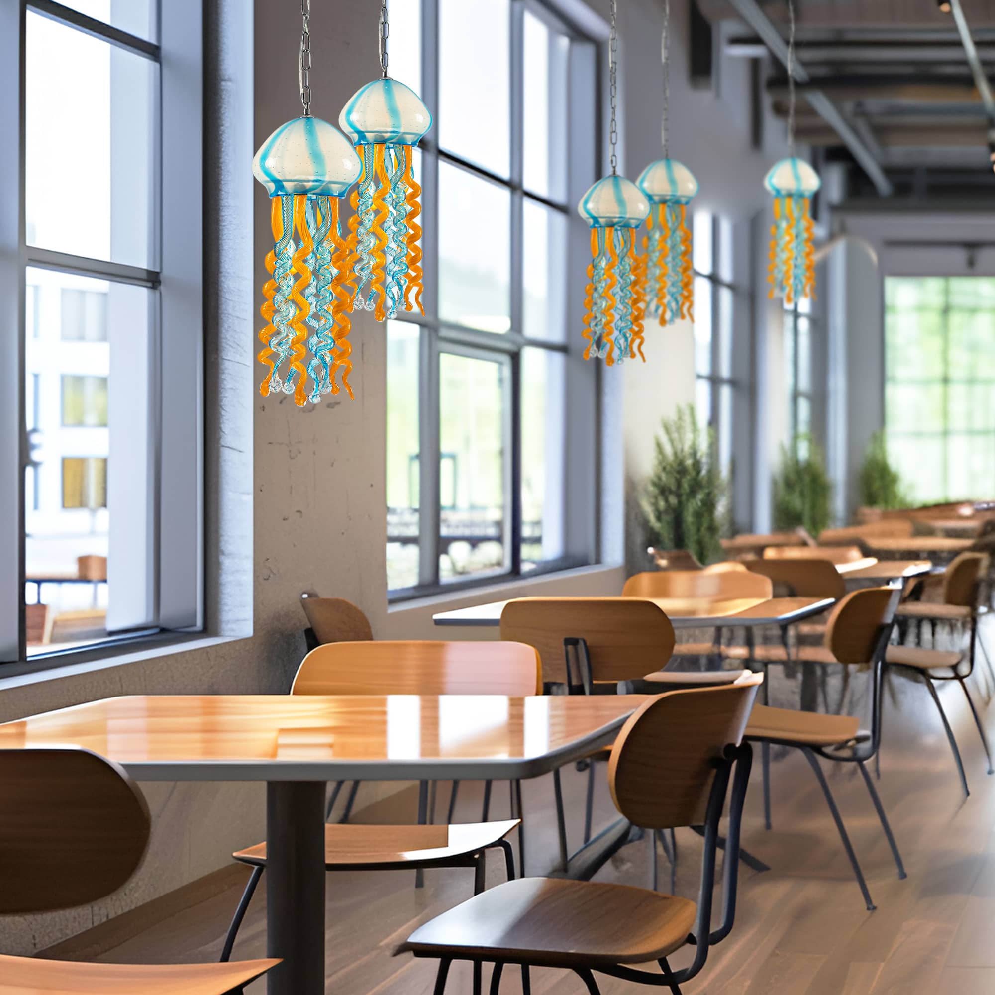Murano Style Blown Glass Jellyfish Lamp Wind Chime Light Blue & Orange Pendant - BeyPan